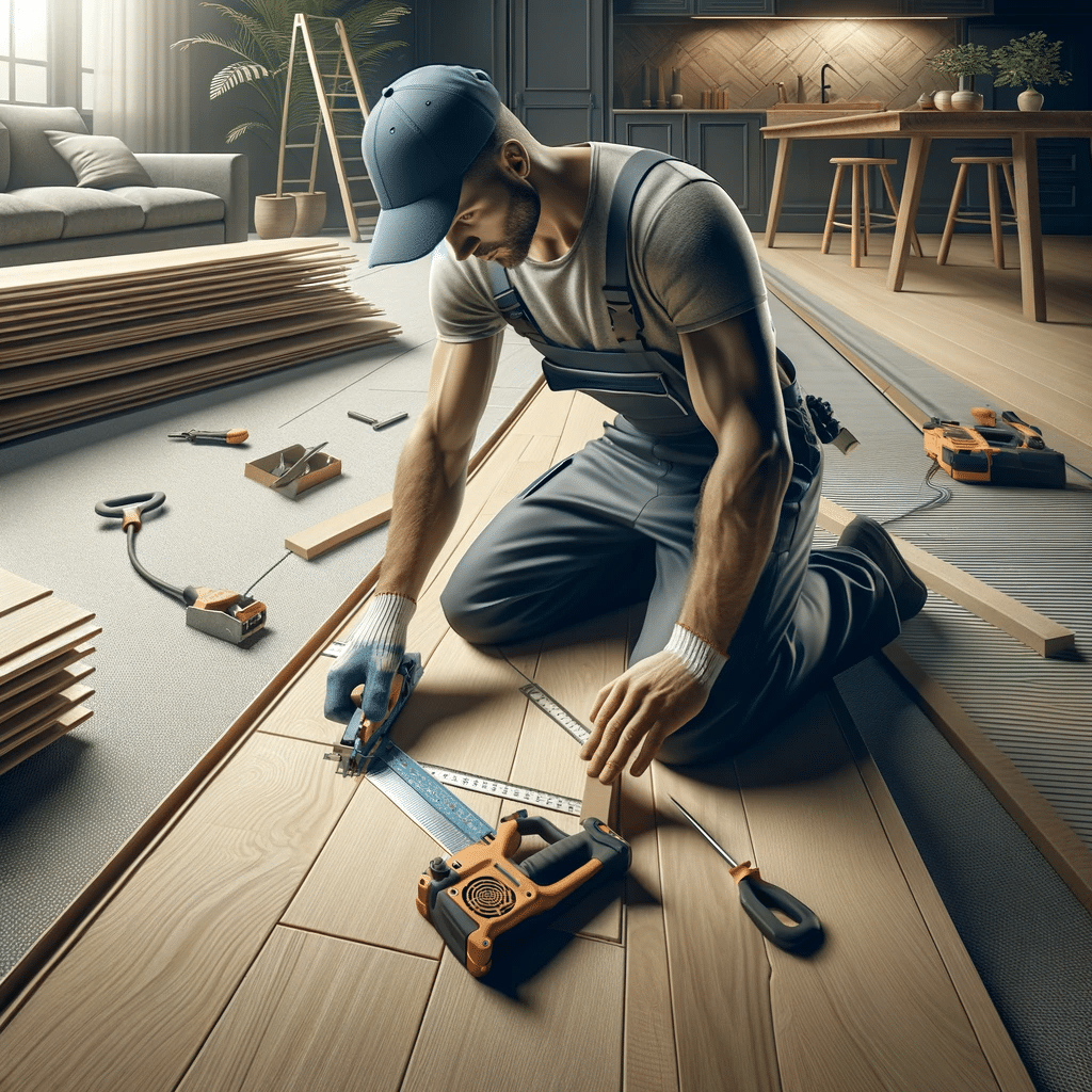 Proceso de instalación de un piso de ingeniería, destacando las técnicas y herramientas utilizadas por un instalador profesional | Ambience Floors
