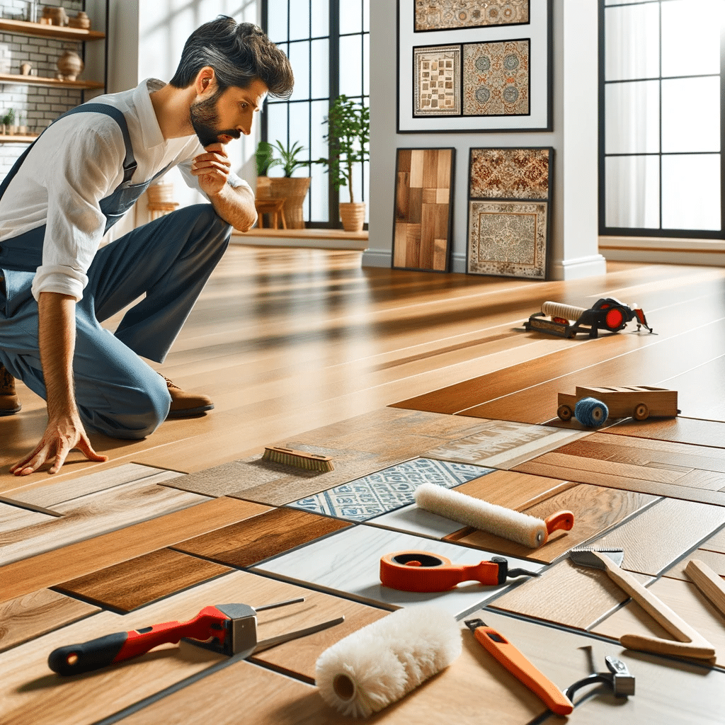 Profesional examinando y manteniendo un piso de madera, con herramientas y productos de limpieza visibles | Ambience Floors