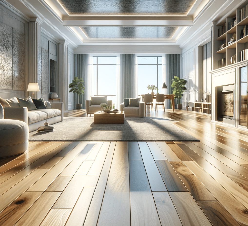 Elegante sala de estar moderna con piso de ingeniería, destacando la estética y durabilidad de estos pisos | Ambience Floors