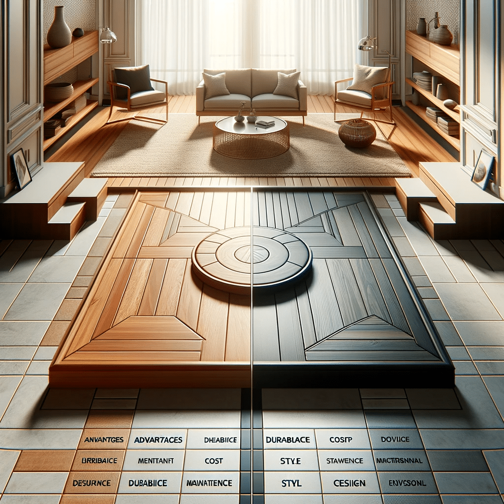 Imagen representando la conclusión de la comparación entre pisos de madera y cerámica, mostrando una mezcla armoniosa en un entorno interior estilizado | Ambience Floors