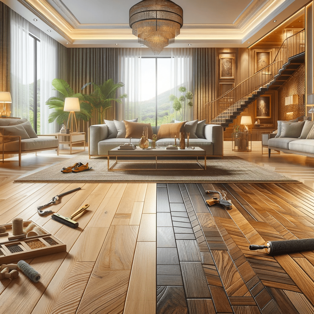 Sala de estar lujosa mostrando la elegancia y calidez de un piso de madera de alta calidad, destacando su grano natural y color rico | Ambience Floors