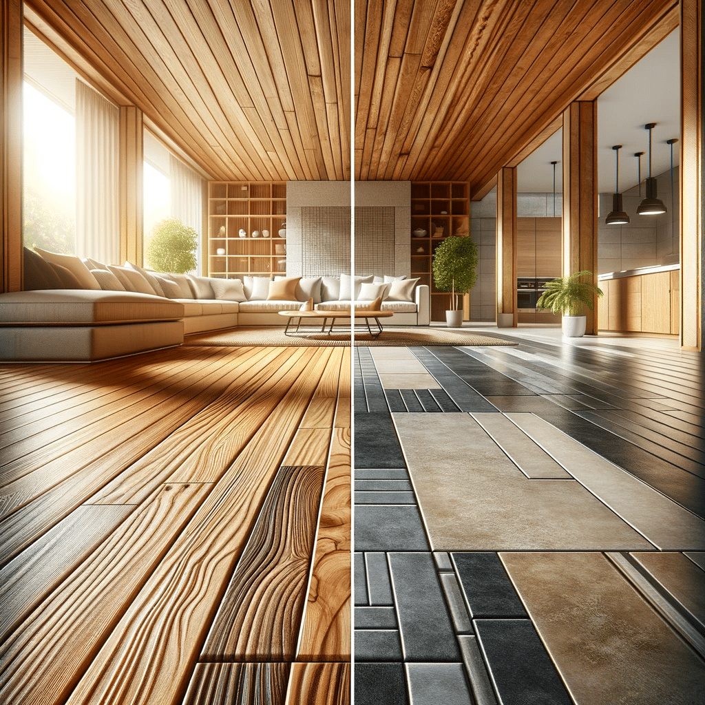 Imagen de comparación mostrando la mitad del espacio con piso de madera duradero y bien mantenido y la otra mitad con azulejos de cerámica igualmente duraderos | Ambience Floors