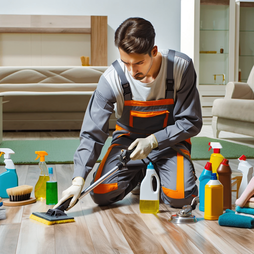Profesional realizando el mantenimiento en un piso de madera, equipado con herramientas y productos de limpieza | Ambience Floors