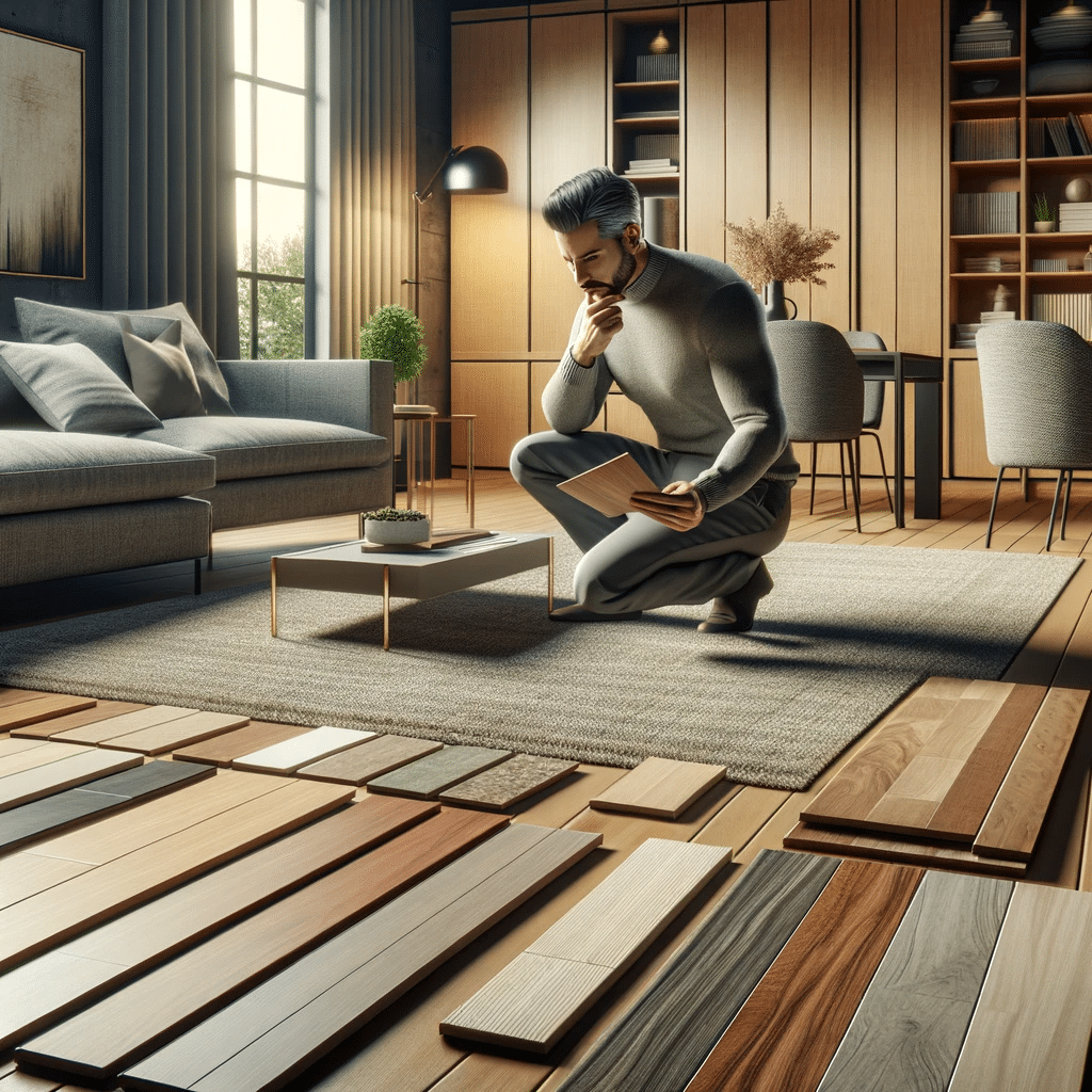 Hombre seleccionando muestras de pisos de ingeniería en casa. | Ambience Floors