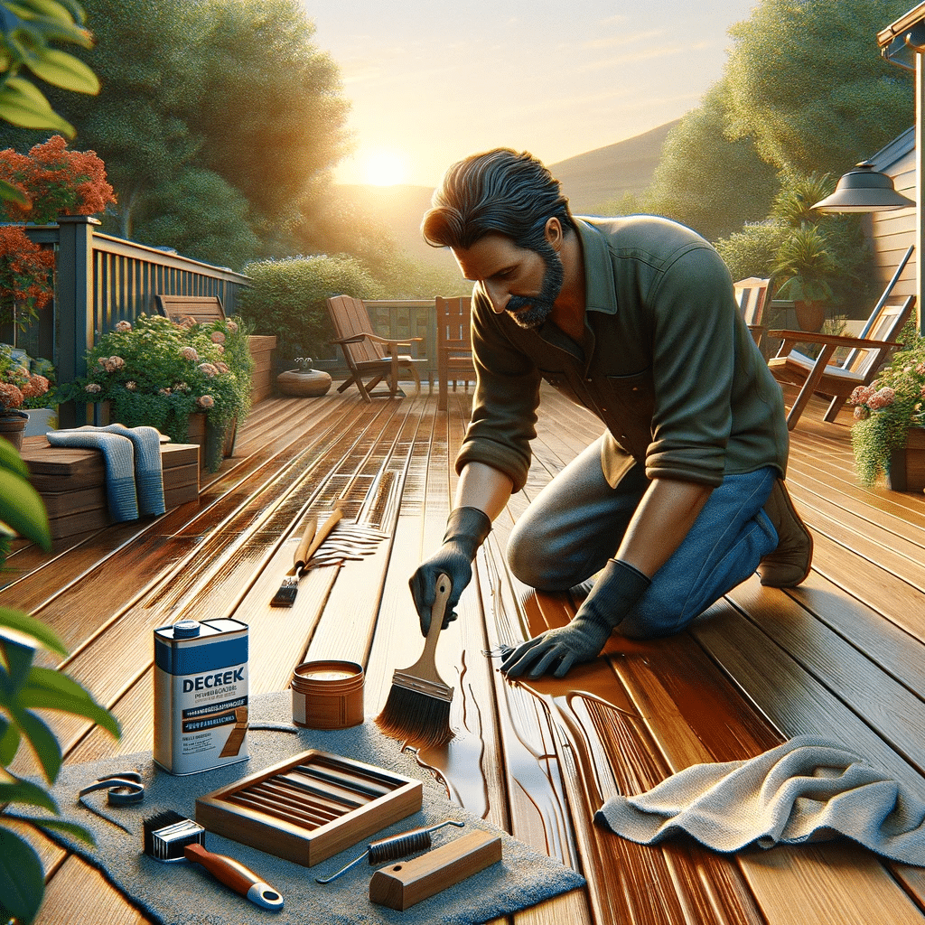 Hombre aplicando sellador para mantenimiento de deck. | Ambience Floors