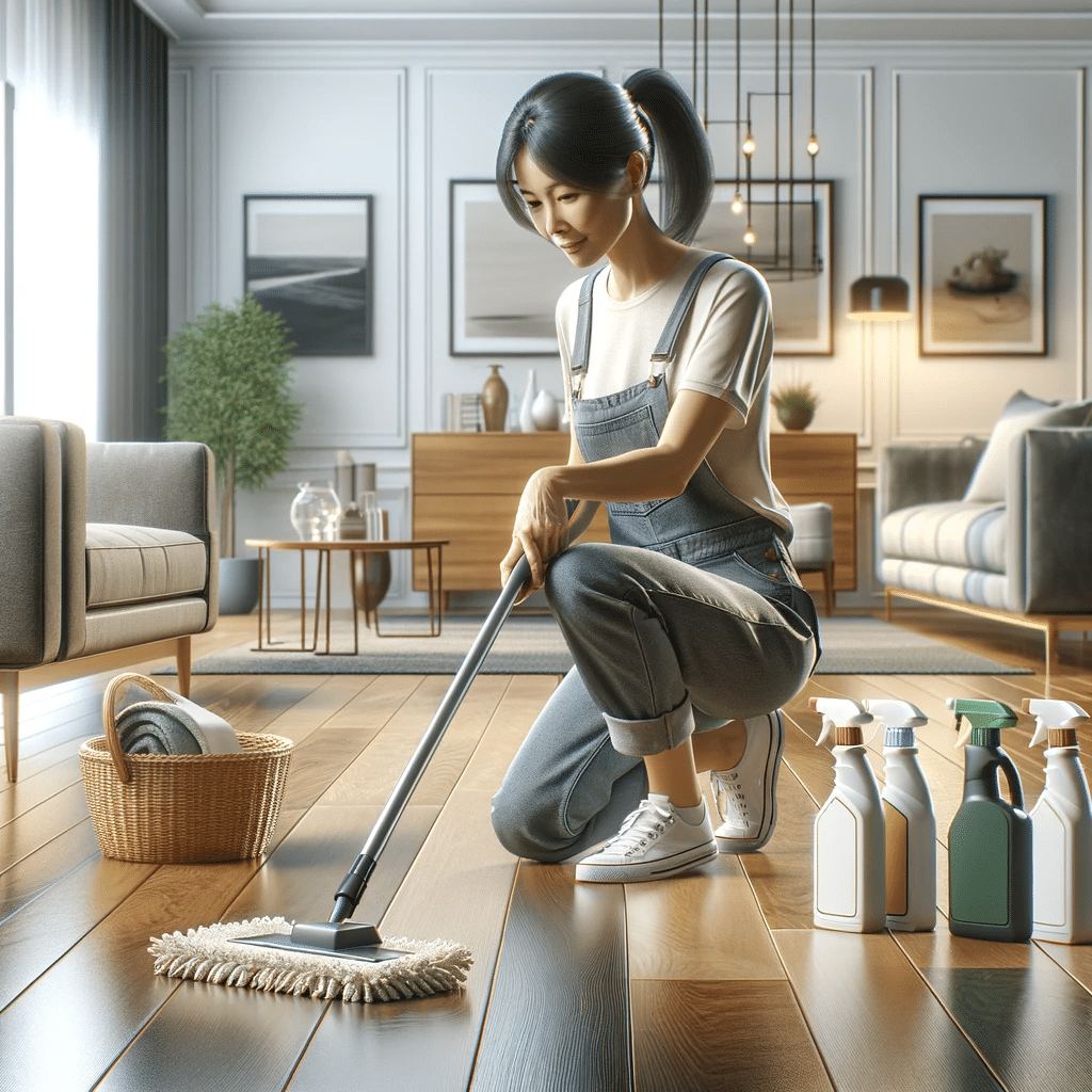 Mujer limpiando piso de ingeniería con mopa en sala. | Ambience Floors