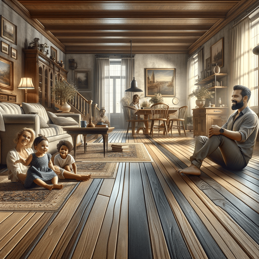 Familia disfrutando sala con piso de ingeniería duradero. | Ambience Floors