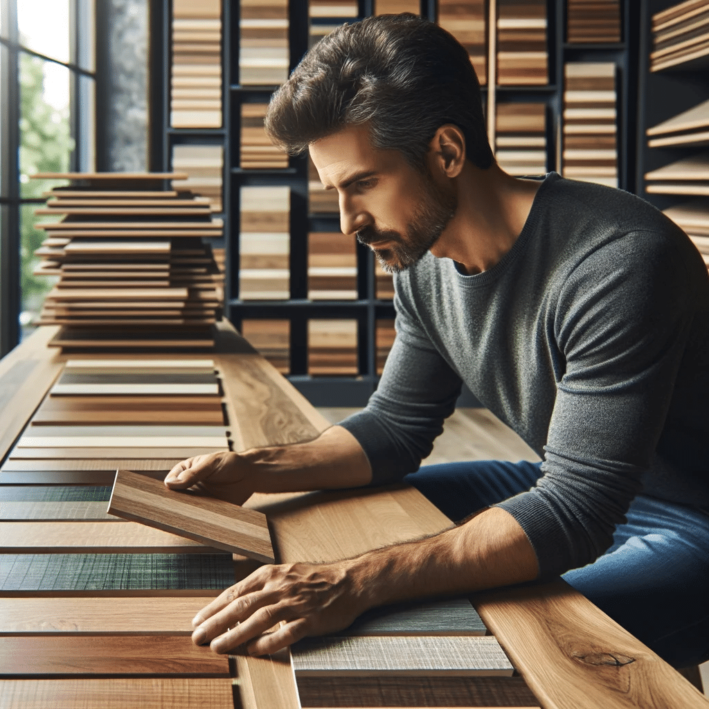 Hombre eligiendo cuidadosamente muestras de pisos de madera | Ambience Floors