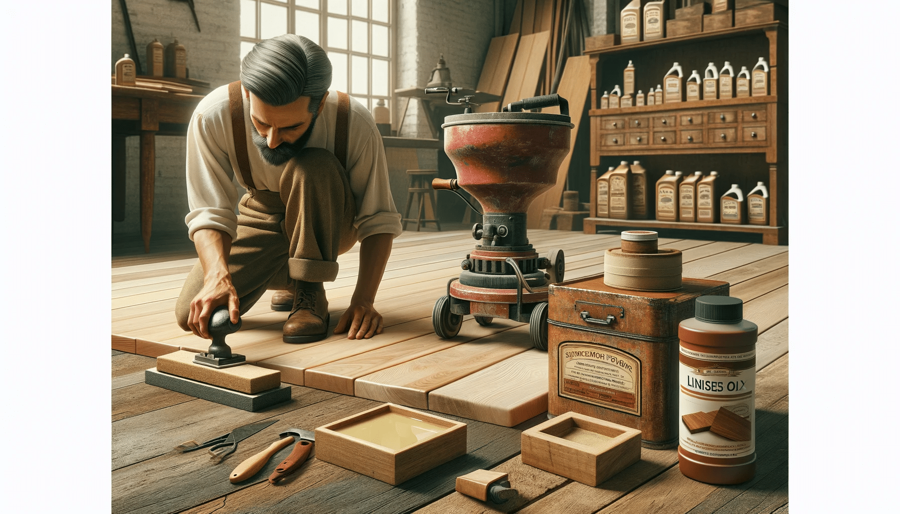 Artesano restaurando suelo de madera antiguo con herramientas tradicionales y modernas. Piso acabado pisos de madera parquet proceso habitación clavos lija capa lijadora artículo forma piso de madera arañazos pintura artículos brillo producto superficie| Ambience Floors