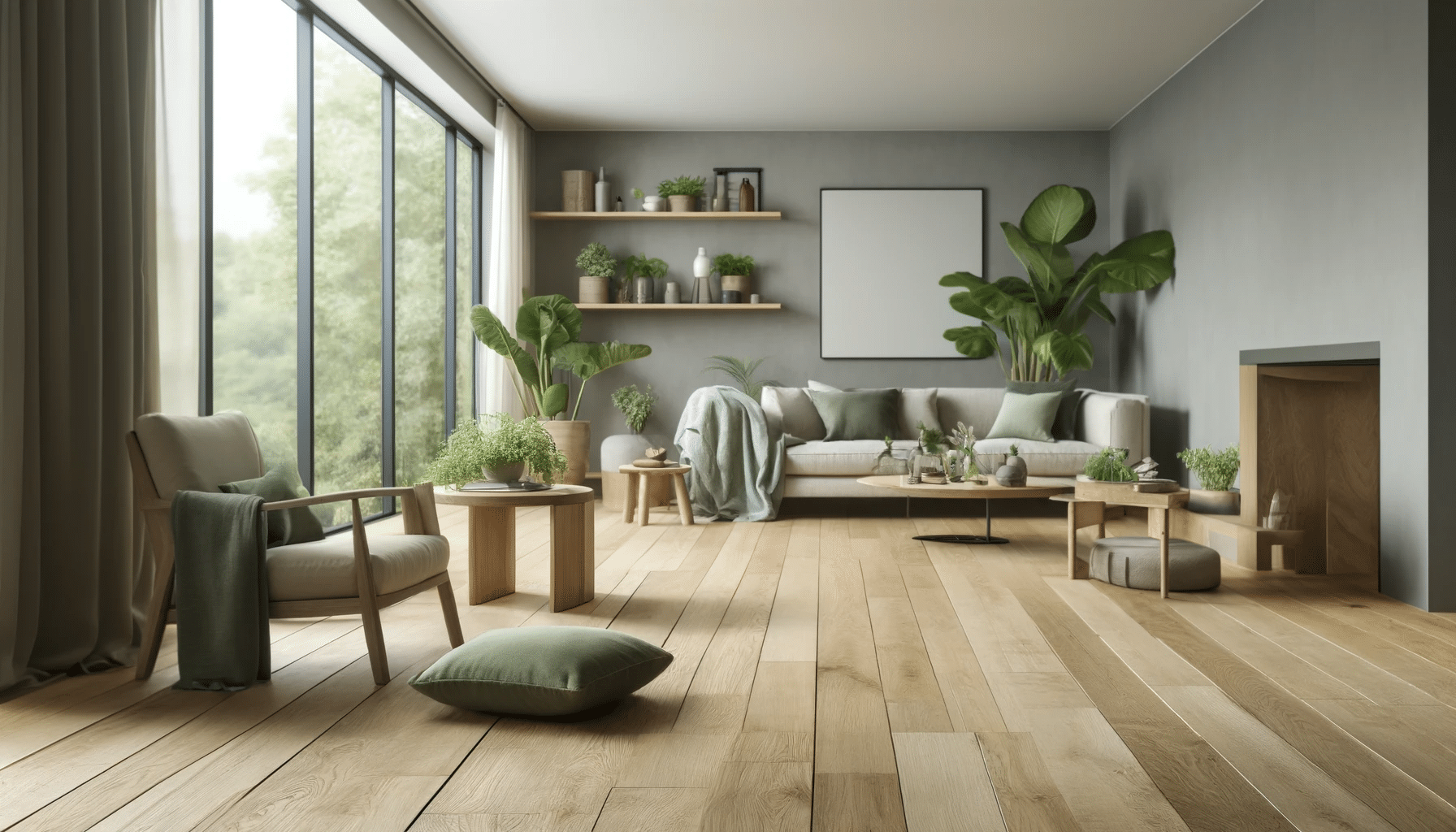 Sala moderna con piso de madera ecológico, plantas y muebles minimalistas. Construcción de madera laminada e ingeniería en edificios. | Ambience Floors
