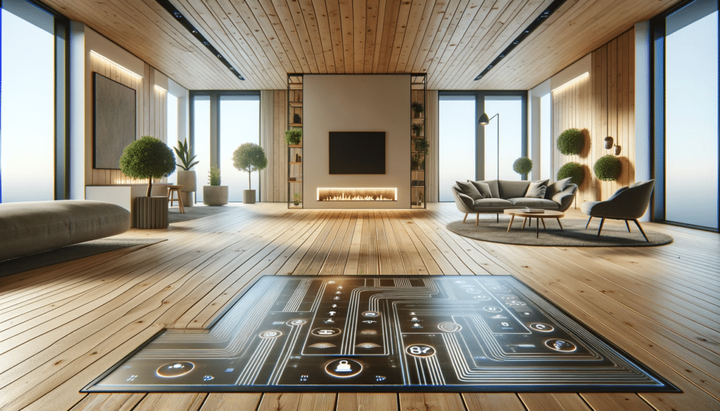Sala moderna con pisos de madera con tecnología integrada. Vida en cocinas con aspectos de interiorismo | Ambience Floors.