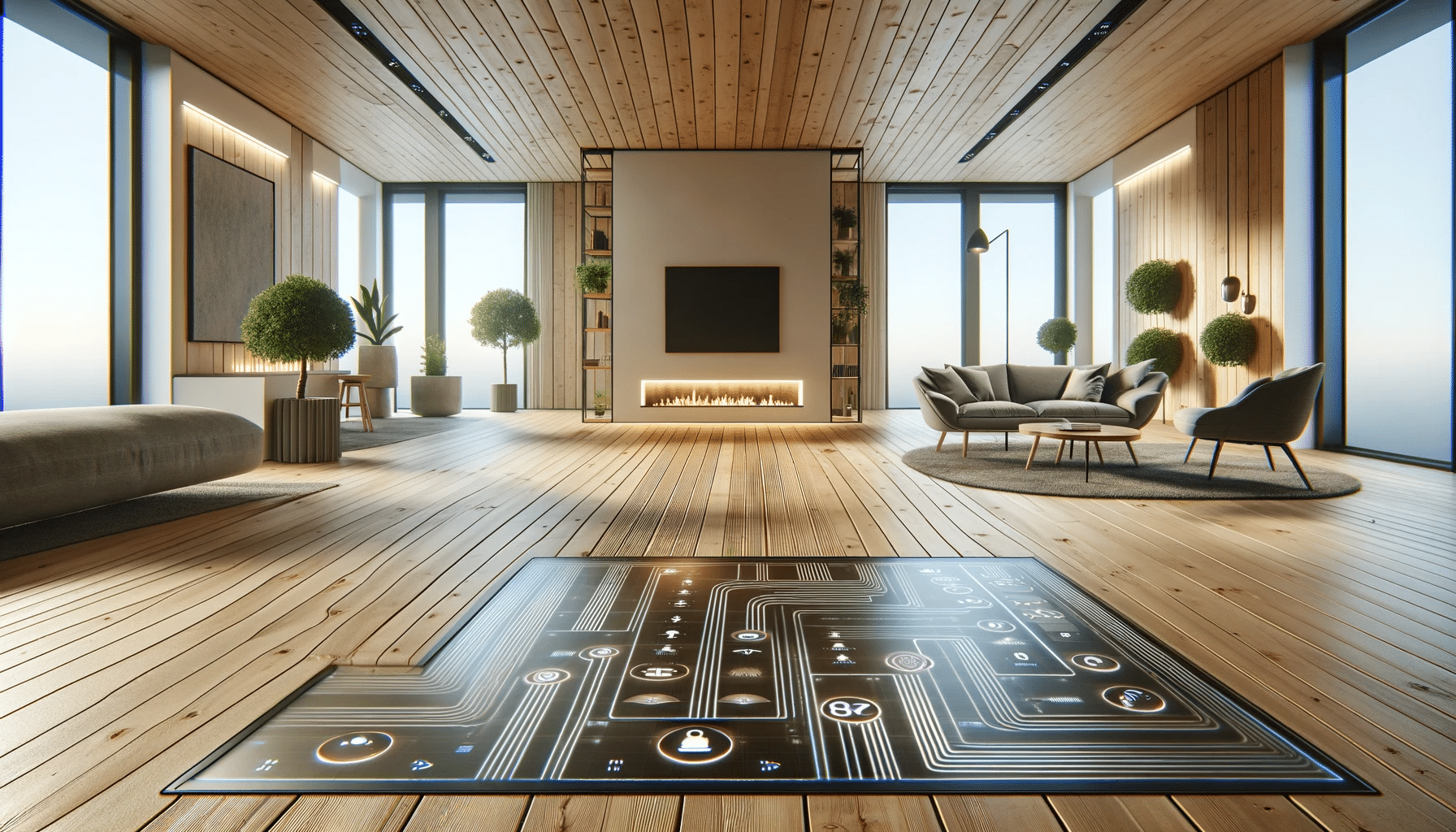 Sala moderna con pisos de madera con tecnología integrada. Vida en cocinas con aspectos de interiorismo | Ambience Floors.