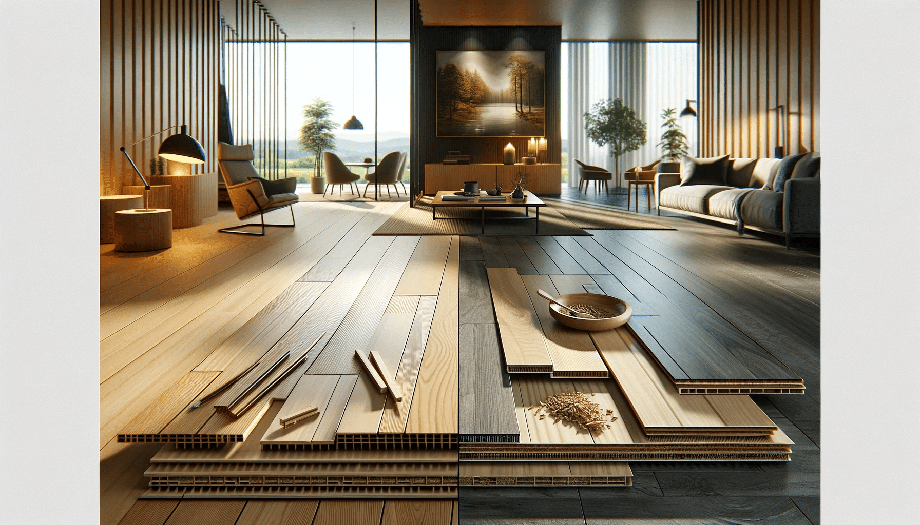 Diferencias entre pisos de ingeniería y laminados en interior moderno. Visita de blog para tipos de pisos en capa. | Ambience Floors.