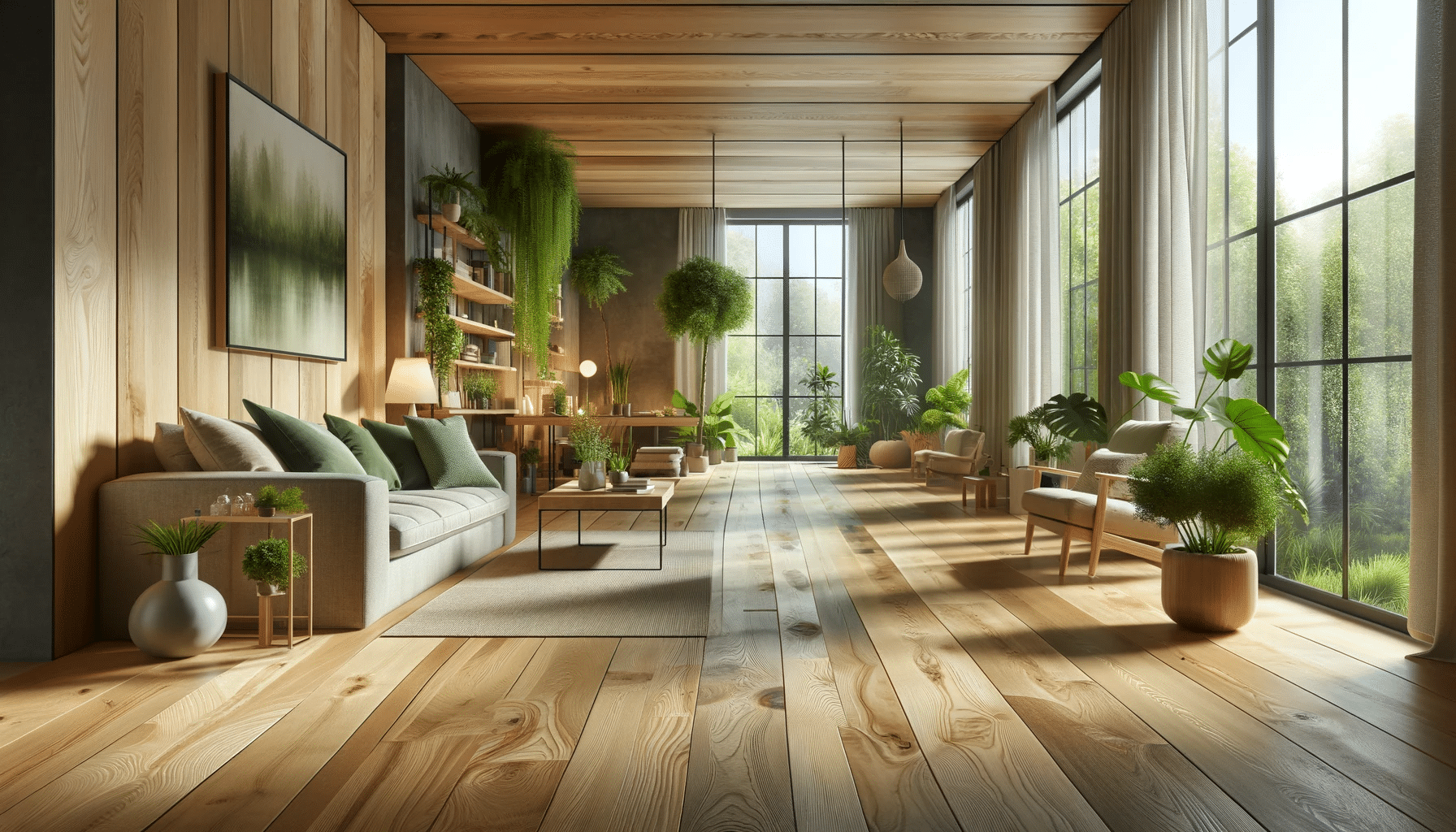 Sala de estar moderna con suelo de madera sostenible, plantas y muebles ecológicos. Hormigón para procesos de innovación y revolución  | Ambience Floors