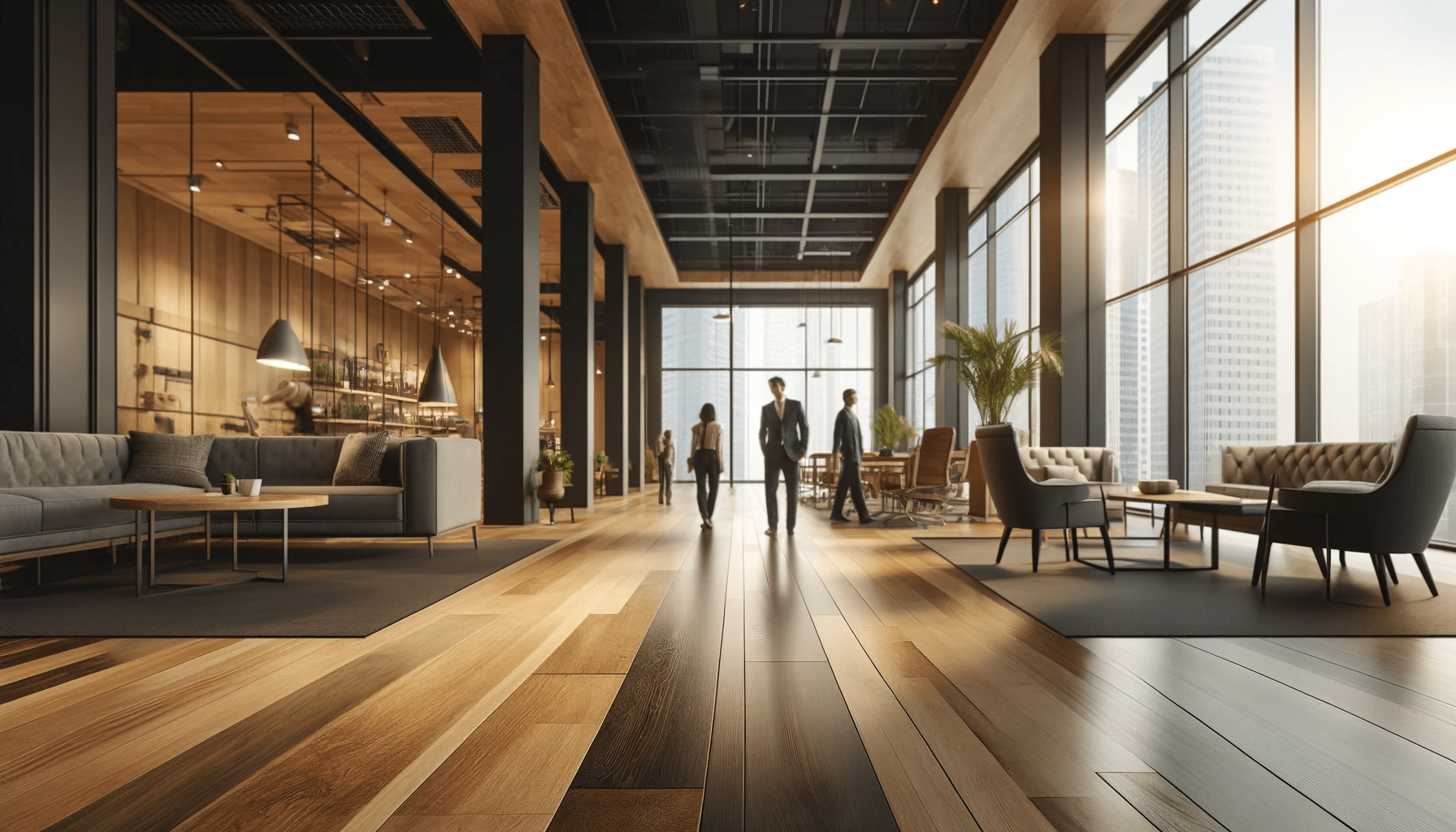 Espacio comercial con elegante suelo de madera, mostrando diferentes tipos y texturas | Ambience Floors