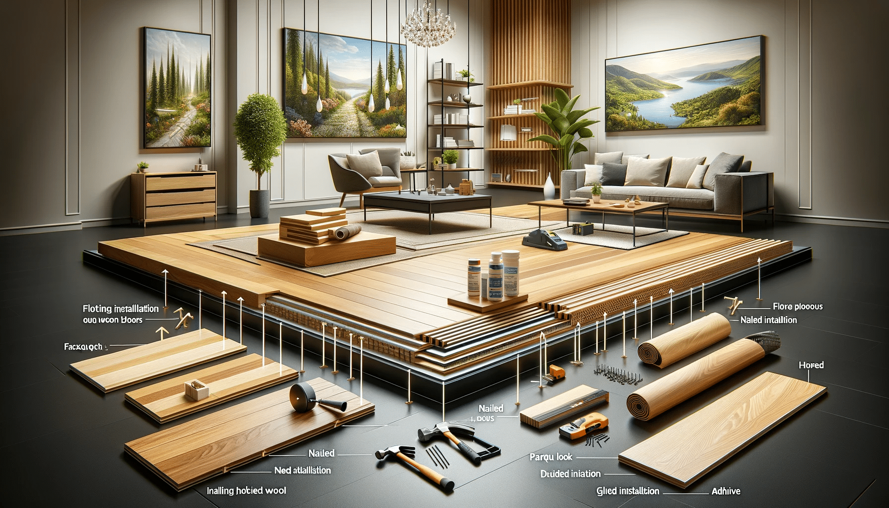 Técnicas de pisos de madera: flotante, clavada y pegada. Madera de ingeniería con ranura, duela y pieza. | Ambience Floors.