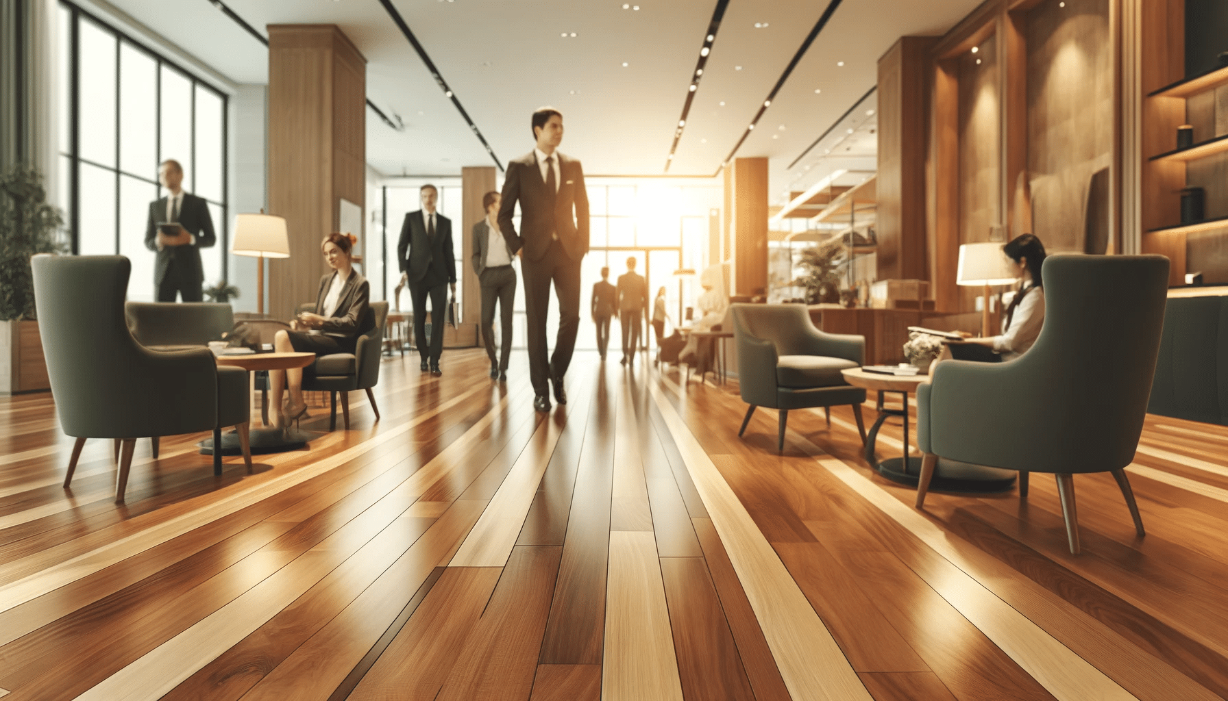 Espacio comercial con pisos de madera elegante, clientes cómodos y ambiente profesional. Instalación de pisos en áreas de alto tráfico | Ambience Floors