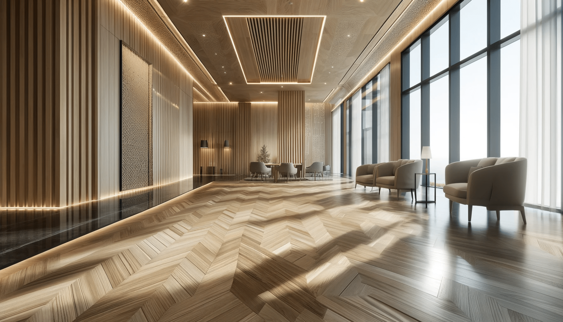 Sala moderna con pisos innovadores y sostenibles. Espacios en casa de piedra y suelo de madera. | Ambience Floors.