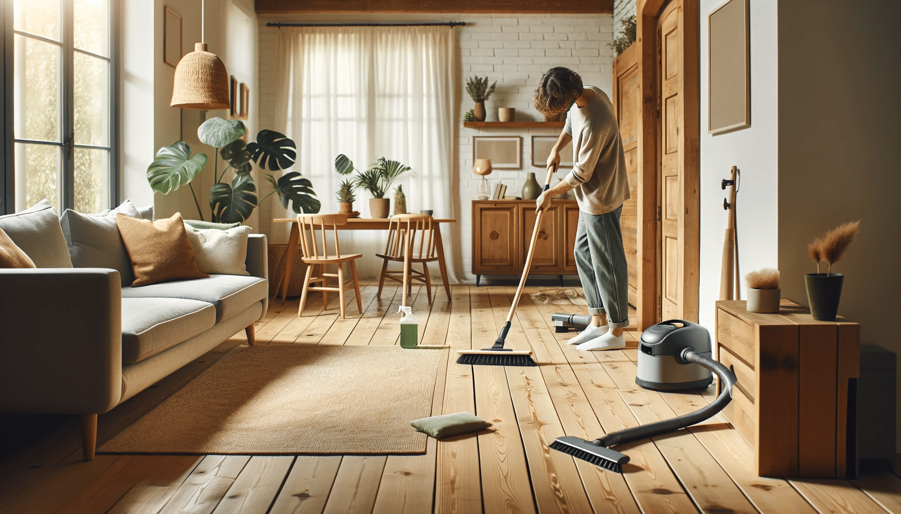 Sala acogedora con suelo de madera sostenible, persona barriendo y herramientas de limpieza. Material con avances tecnológicos en arquitectura. | Ambience Floors