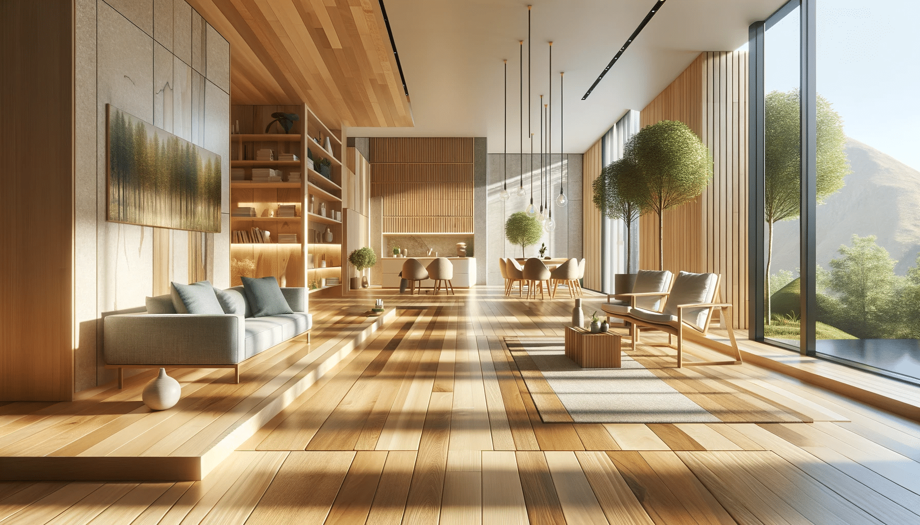 Sala moderna con suelos ecológicos y sostenibles. Medida de casas en roble, pavimento y espiga. | Ambience Floors.