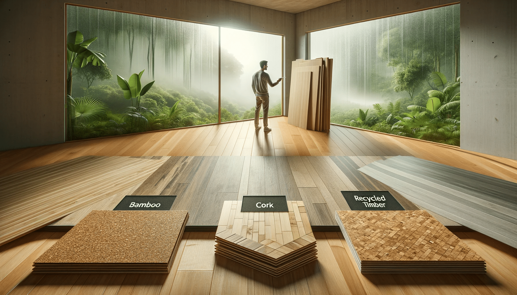 Muestras de pisos sostenibles de bambú, corcho y madera reciclada en ambiente húmedo. Selladores para problemas de factores. | Ambience Floors