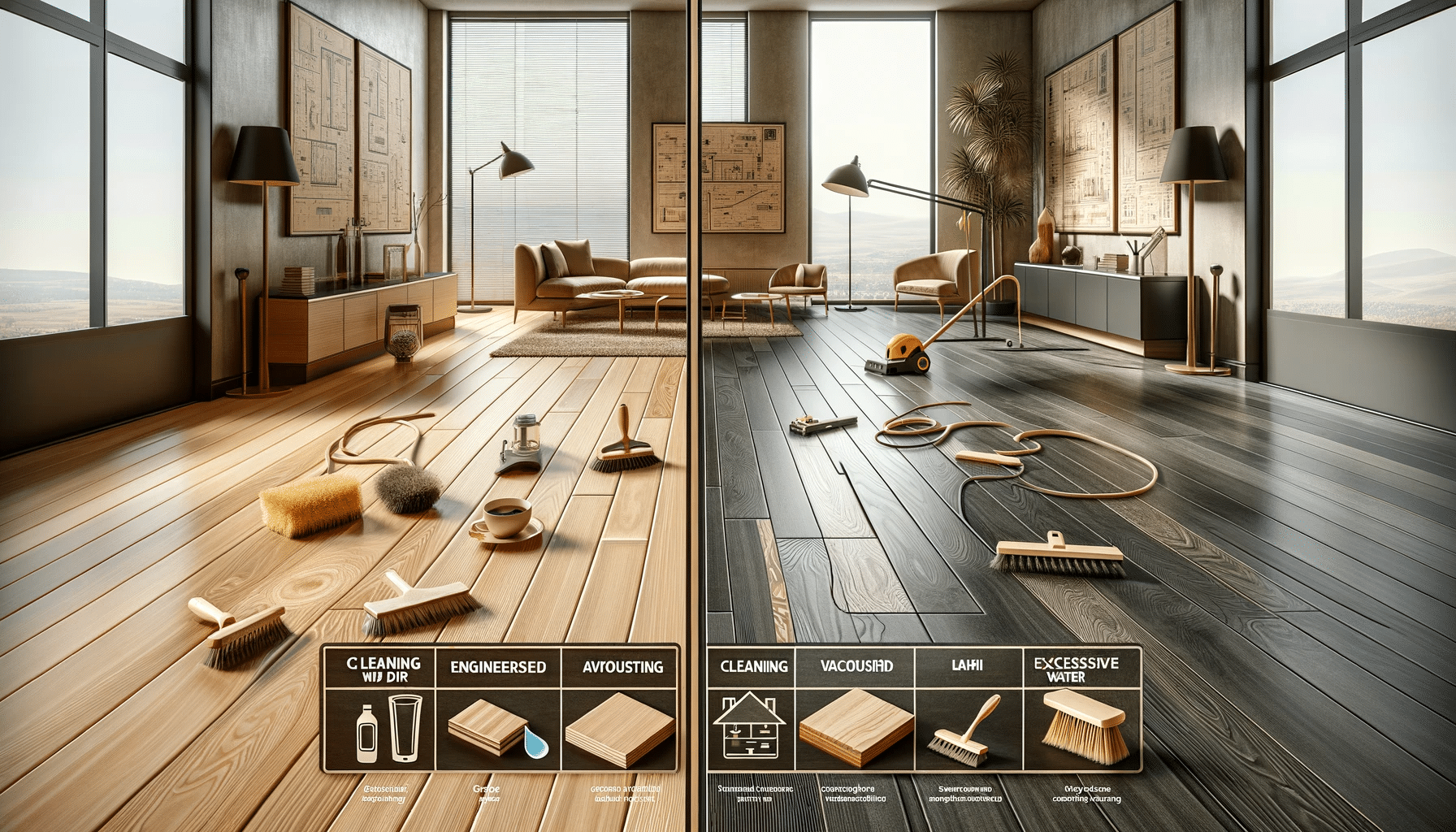 Mantenimientos y durabilidad de piso de ingeniería y laminados en interior moderno. Capa de PVC con acabado final | Ambience Floors.