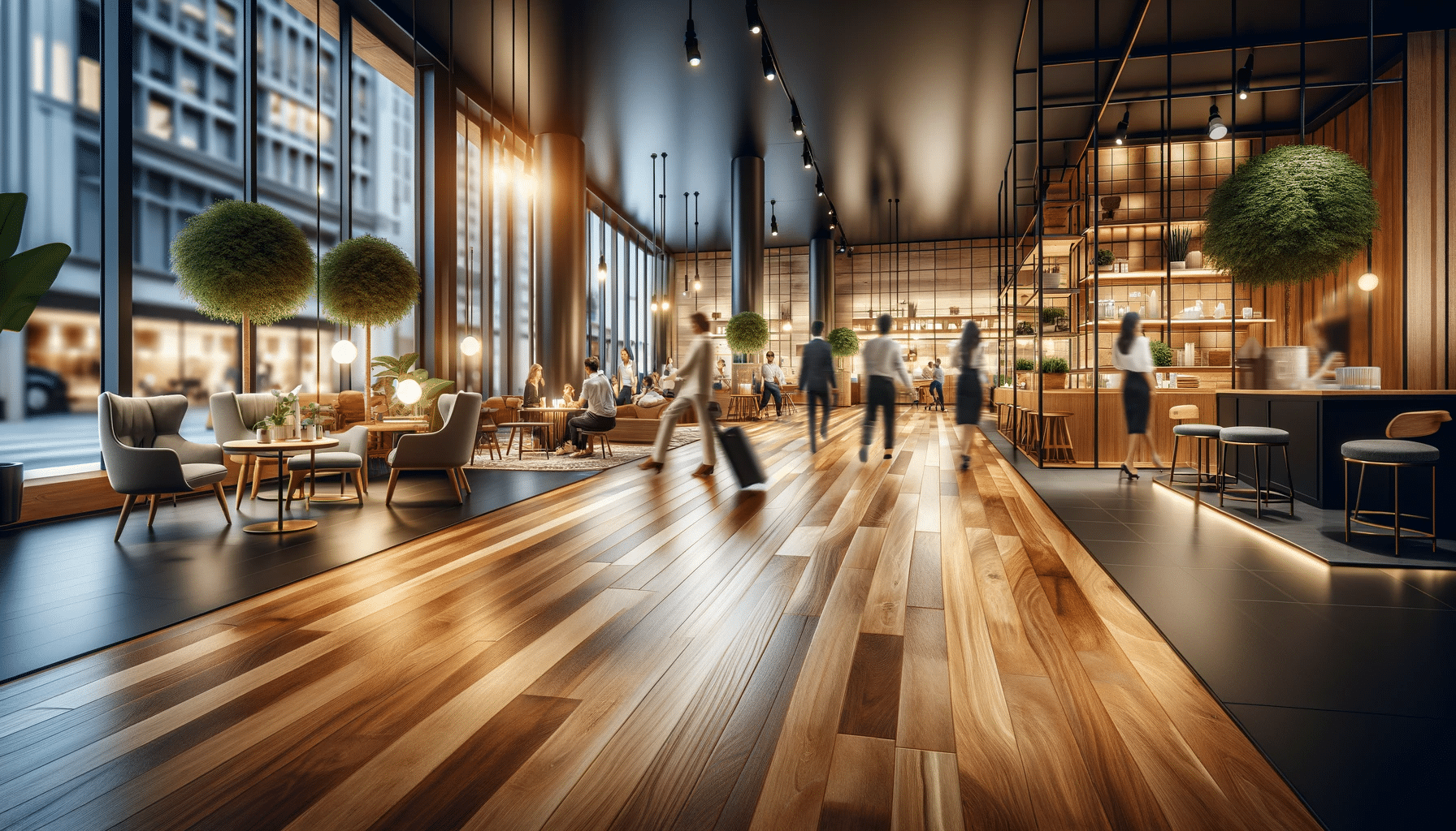Espacio comercial con pisos de madera, elegante y bien mantenido, clientes interactuando | Ambience Floors