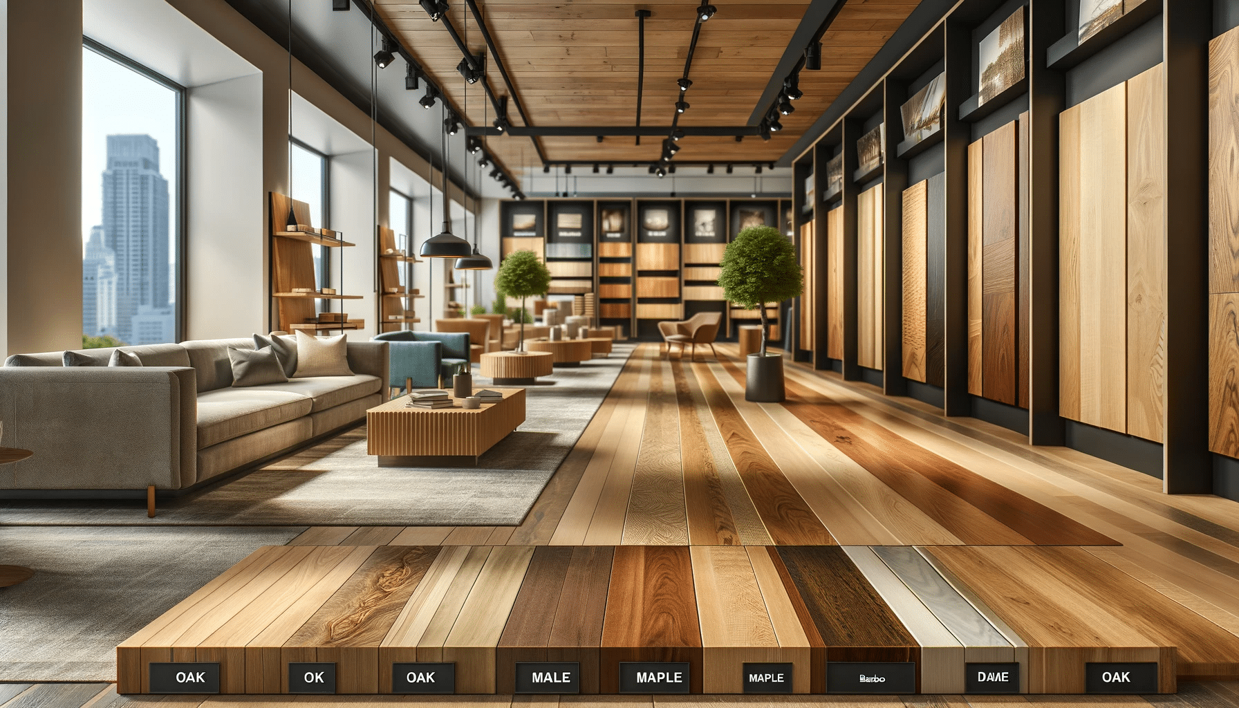 Espacio comercial con pisos de roble, arce y bambú, mostrando sus texturas únicas. Calidez con tipo de piso de bambú | Ambience Floors