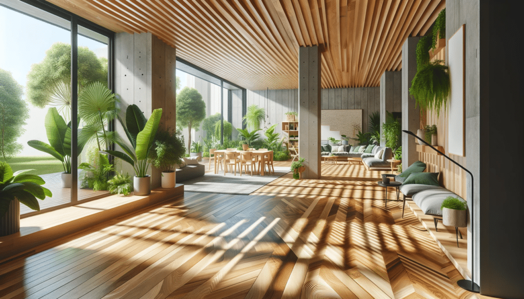 Interior moderno y sostenible con suelo de madera ecológica, luz natural y plantas. Sistemas de dióxido de carbono y efecto invernadero | Ambience Floors