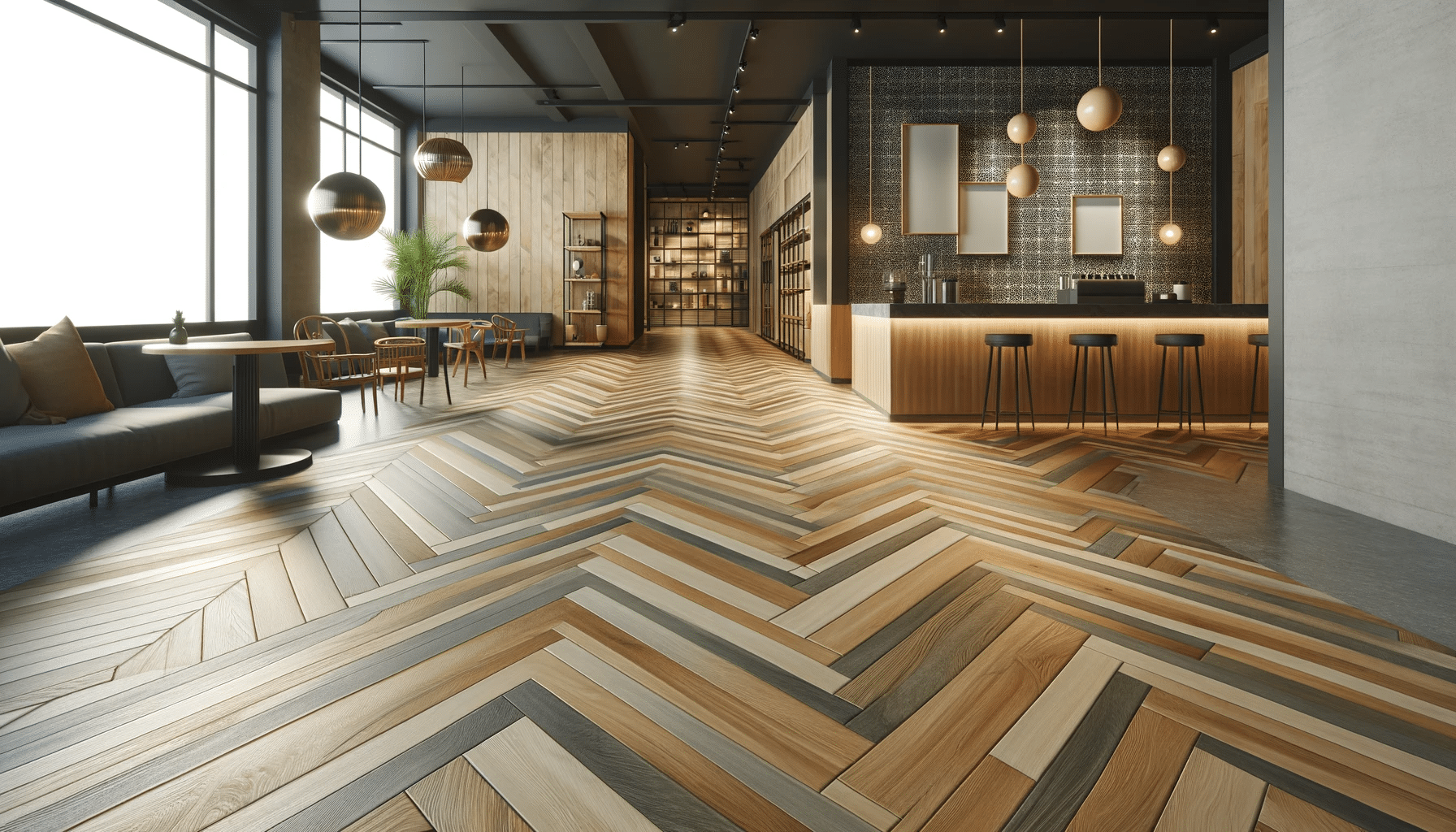 Espacio comercial moderno con piso de madera en patrones geométricos y acabado mate. Tipo de piso con instalación de material de bambú en porcelanato o cerámica | Ambience Floors
