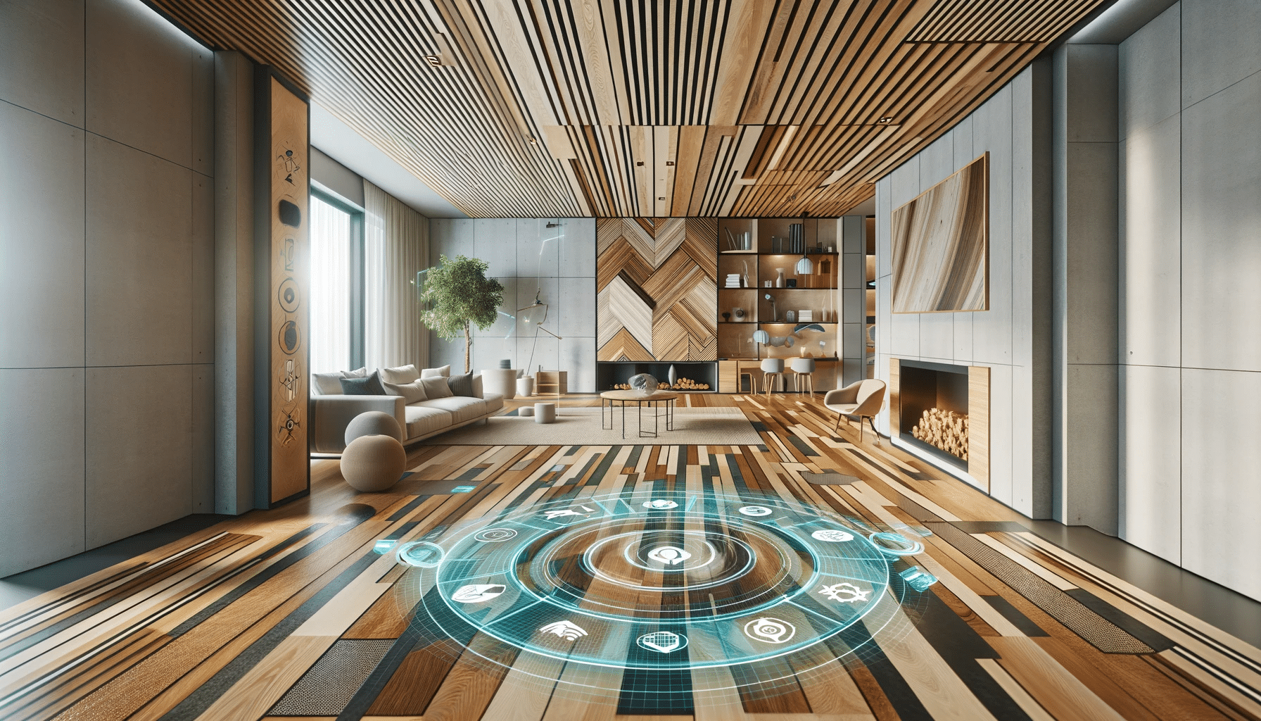 Sala moderna con pisos de madera sostenibles y tecnología integrada. Hogares con color y calidez. | Ambience Floors.