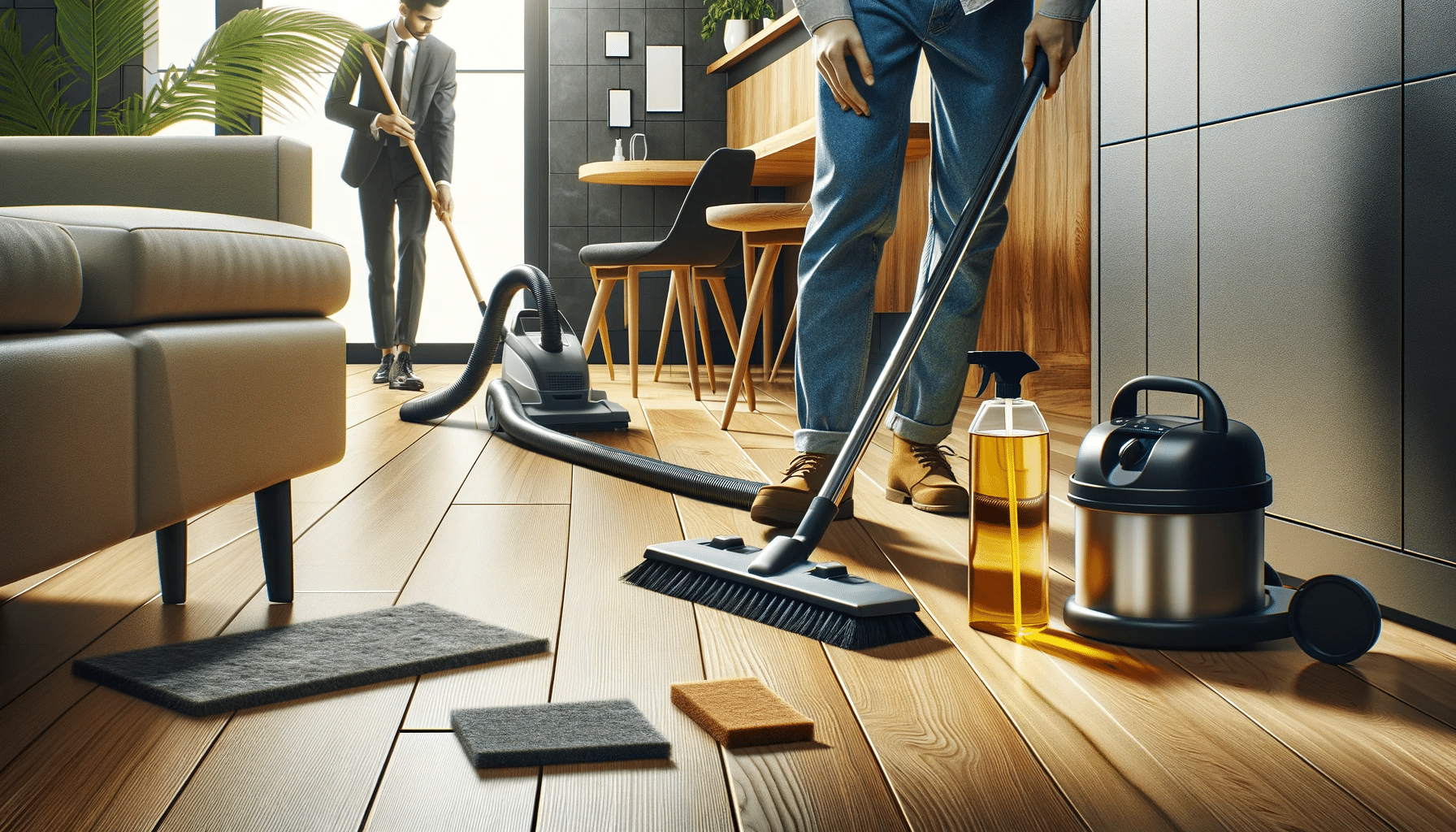 Mantenimiento de pisos de madera en espacio comercial, barrido y limpieza adecuada. Toque de inversión con pisos de vinilo y variedad de estilos | Ambience Floors