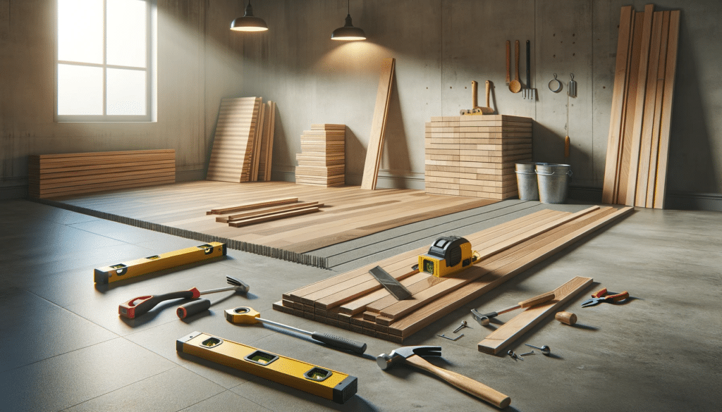 Habitación preparada para instalación de pisos de madera con herramientas y tablones | Ambience Floors