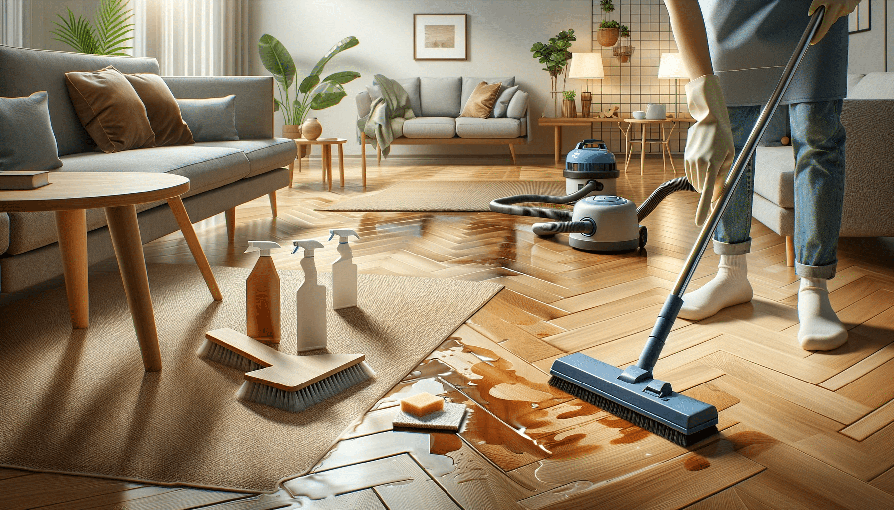 Mantenimiento de pisos de madera con limpieza, alfombras y humidificador. Contrapiso de producto en habitación. | Ambience Floors.