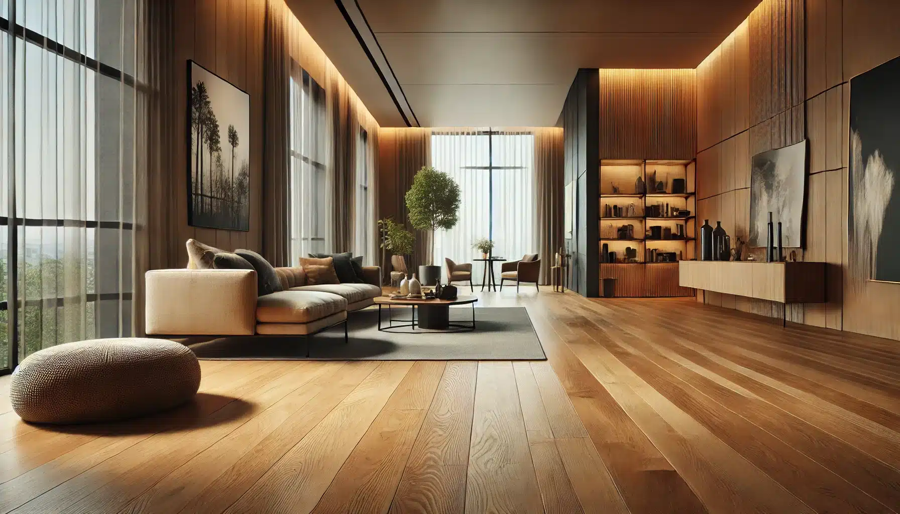 Sala moderna con suelo de maderas elegante, muebles contemporáneos y luz natural. Versatilidad de diseño con pisos de madera en nuevas construcciones | Ambience Floors.