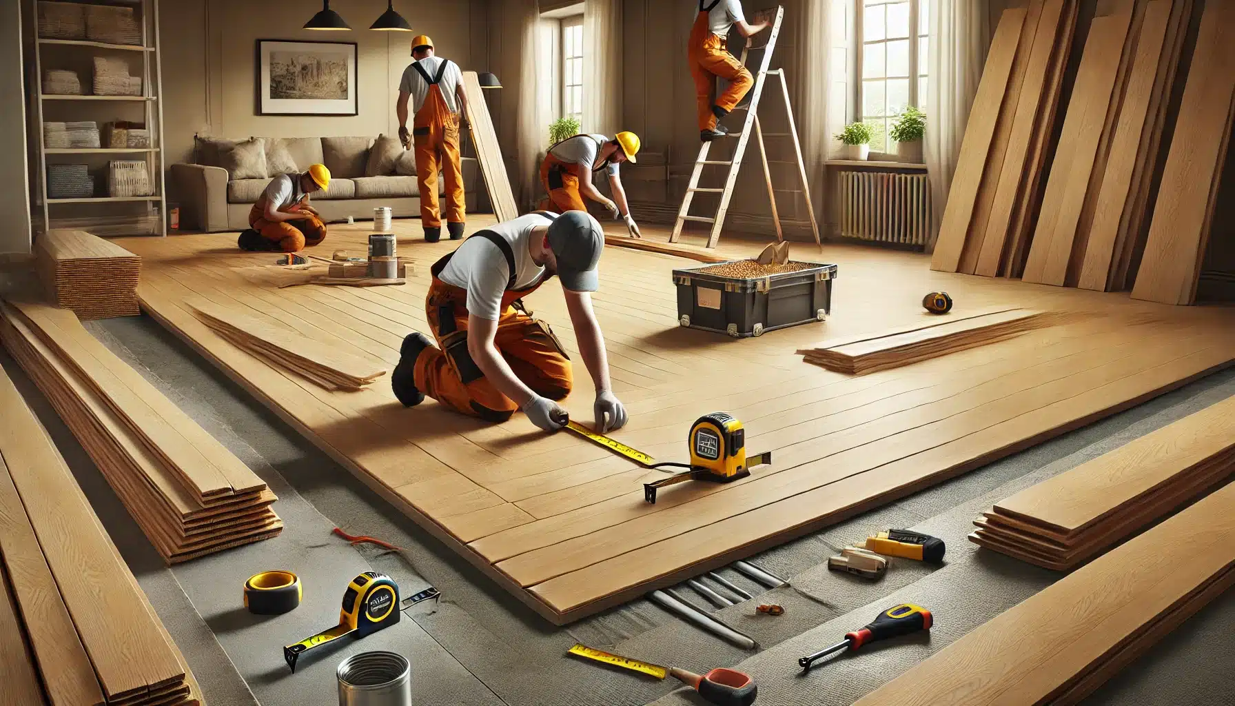 Instalación profesional de pisos de maderas con herramientas y trabajadores en acción | Ambience Floors.