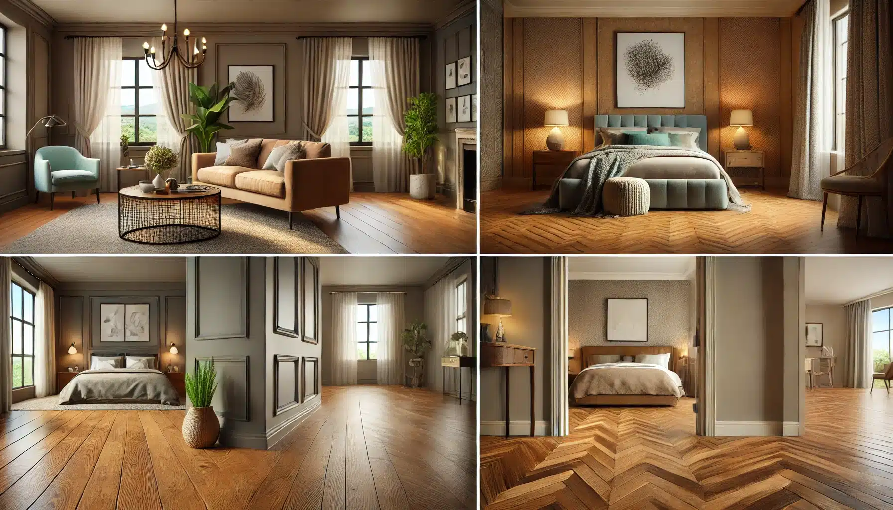 Suelos de maderas en sala de estar, dormitorio y pasillo, decorados elegantemente | Ambience Floors.