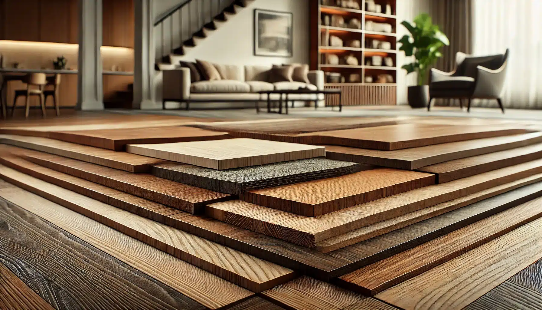 Diferentes tipos de suelos de maderas como roble y nogal en una habitación moderna. Piso Ingeniería espacio material casa producto ambientes construcción sistema piezas tendencias elemento sensación consumo mundo espacios elementos calidez vetas estancia marca medio ambiente estilo moda formato atractivo tonos interiores | Ambience Floors.