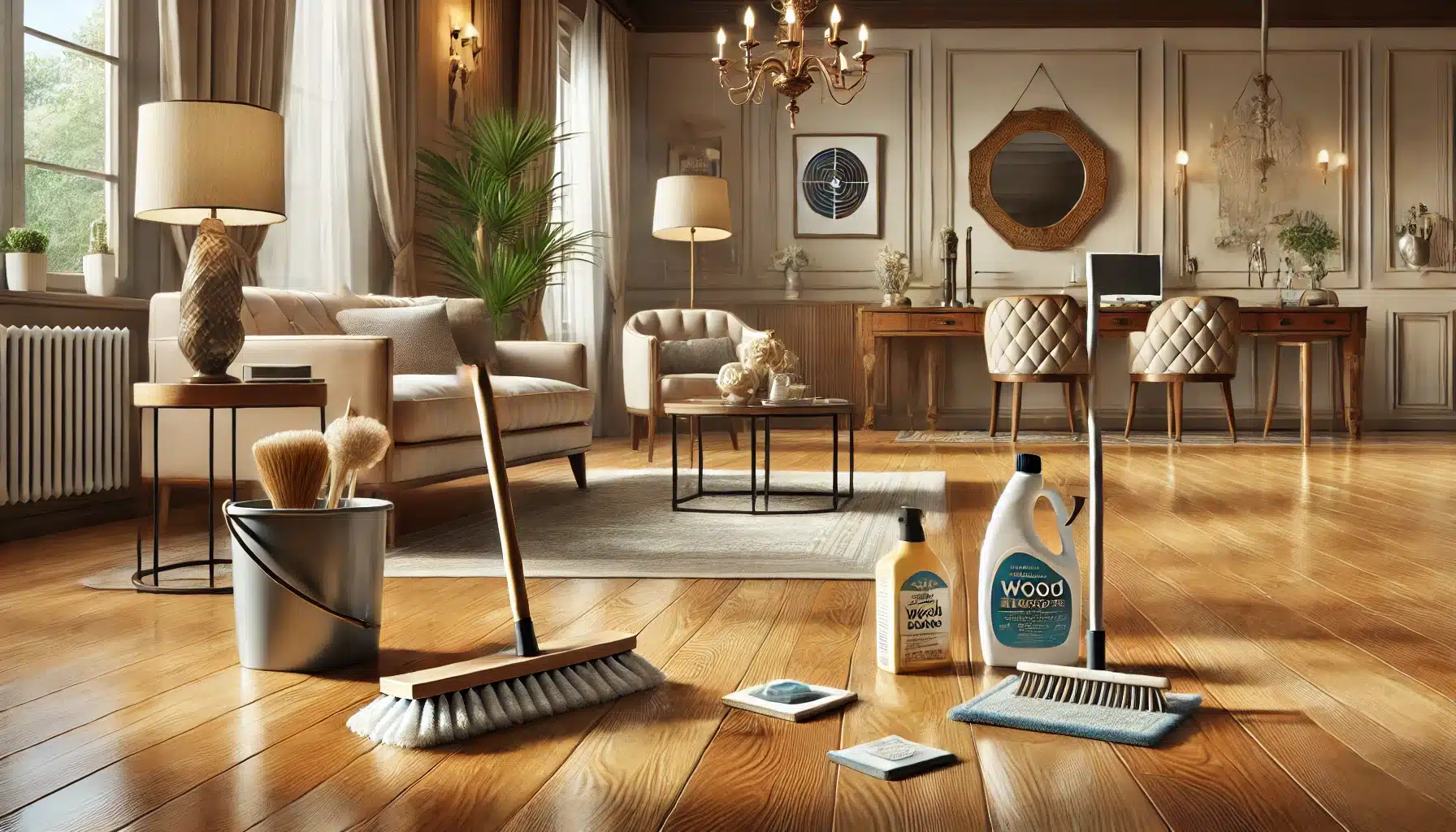 Sala con suelos de maderas, herramientas de limpieza y protectores bajo muebles | Ambience Floors.