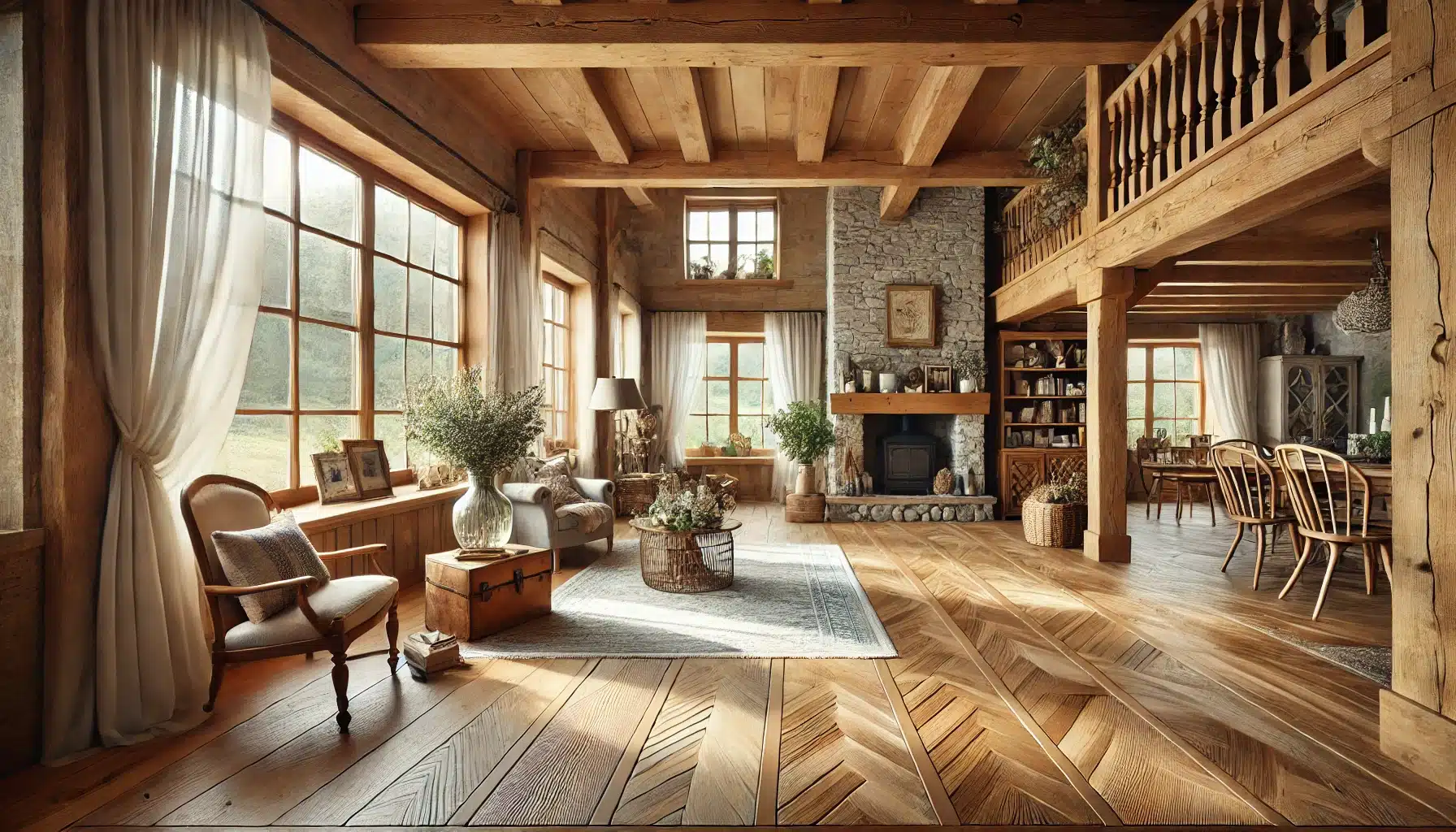 Interior de casa rural con suelos de madera, chimenea y muebles elegantes. Pisos de madera en casas de campo y vacaciones encanto y durabilidad | Ambience Floors
