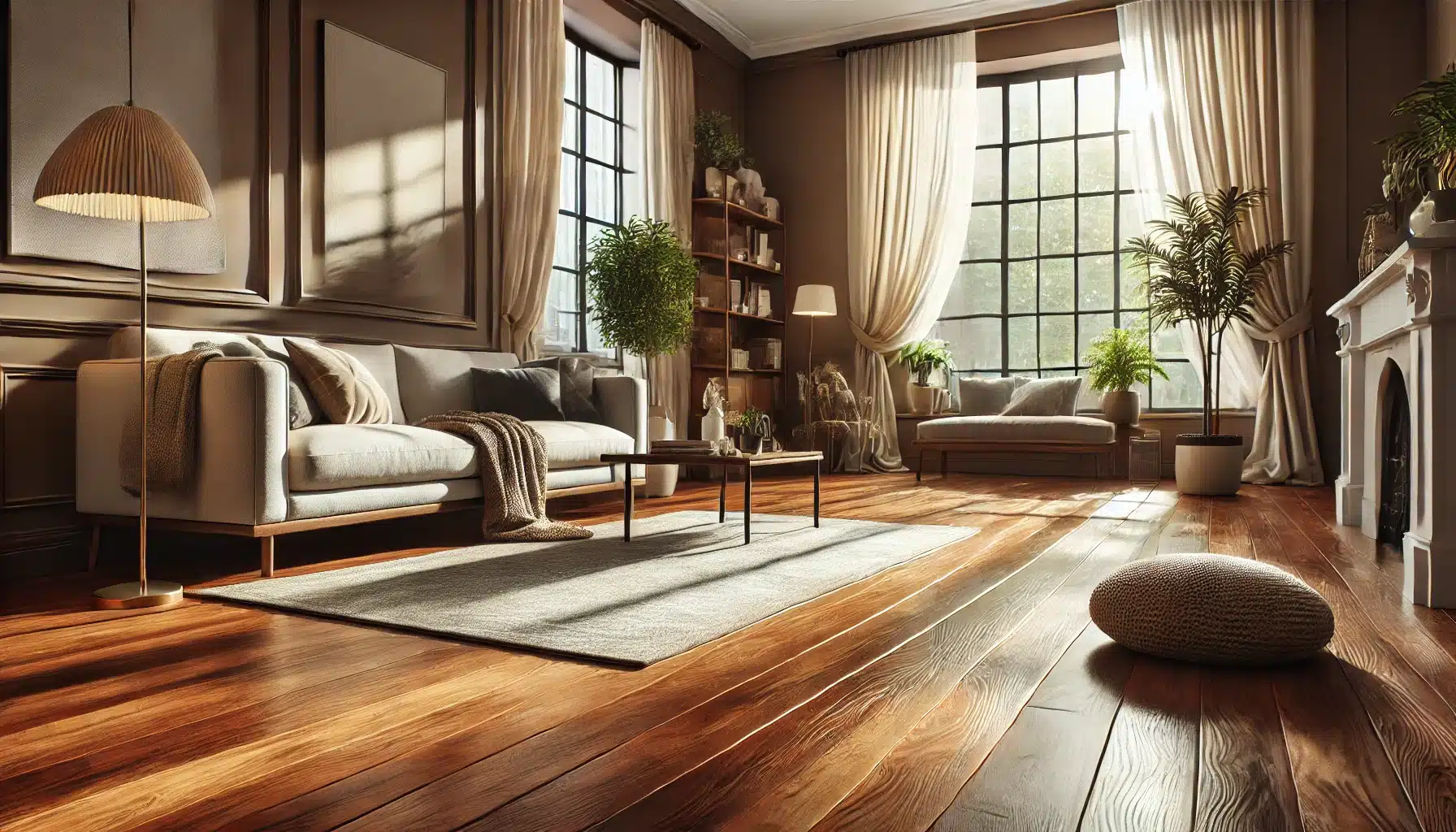Sala de estar elegante con suelos de madera pulidos y decoración moderna | Ambience Floors.