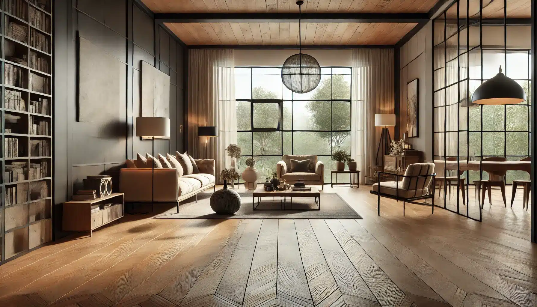 Sala contemporánea con suelo de maderas elegante, muebles sofisticados y luz natural | Ambience Floors.