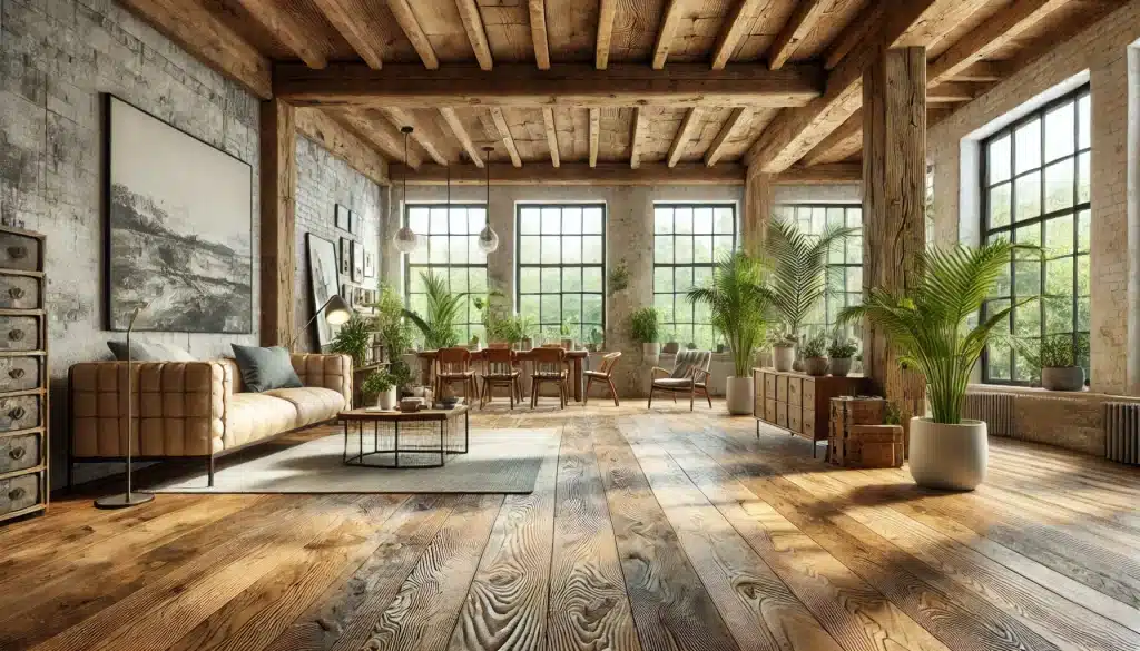 Espacio elegante y sostenible con pisos de maderas recuperada y decoración ecológica. | Ambience Floors