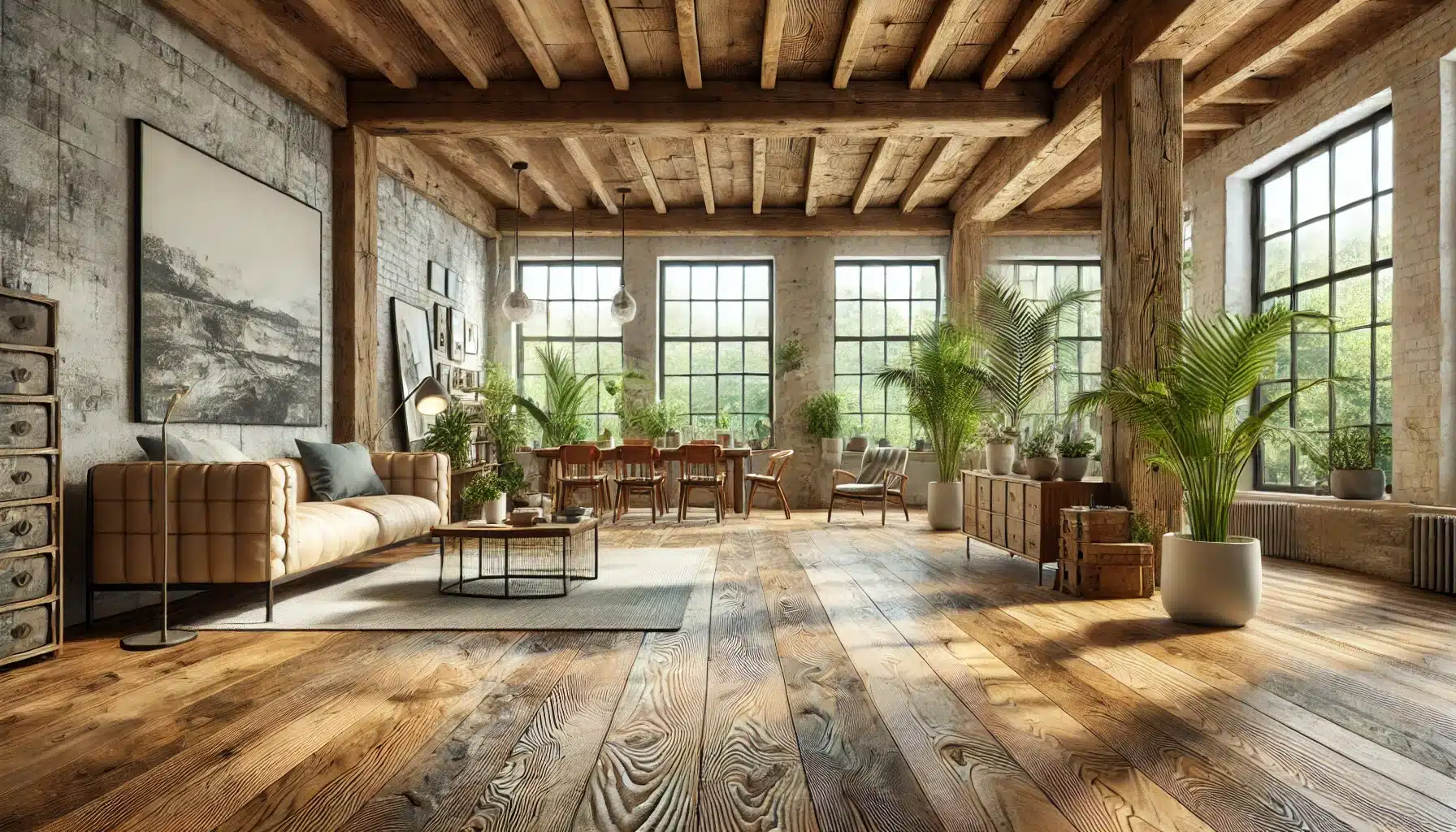 Espacio elegante y sostenible con pisos de maderas recuperada y decoración ecológica. | Ambience Floors