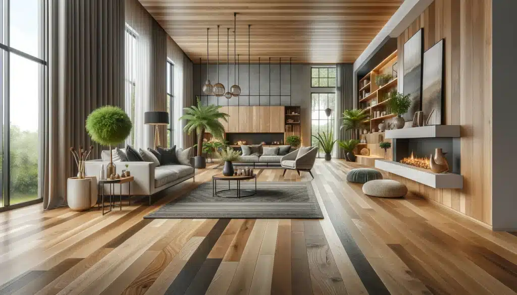 Sala moderna con pisos de madera de distintos tipos y acabados, iluminada naturalmente | Ambience Floors.