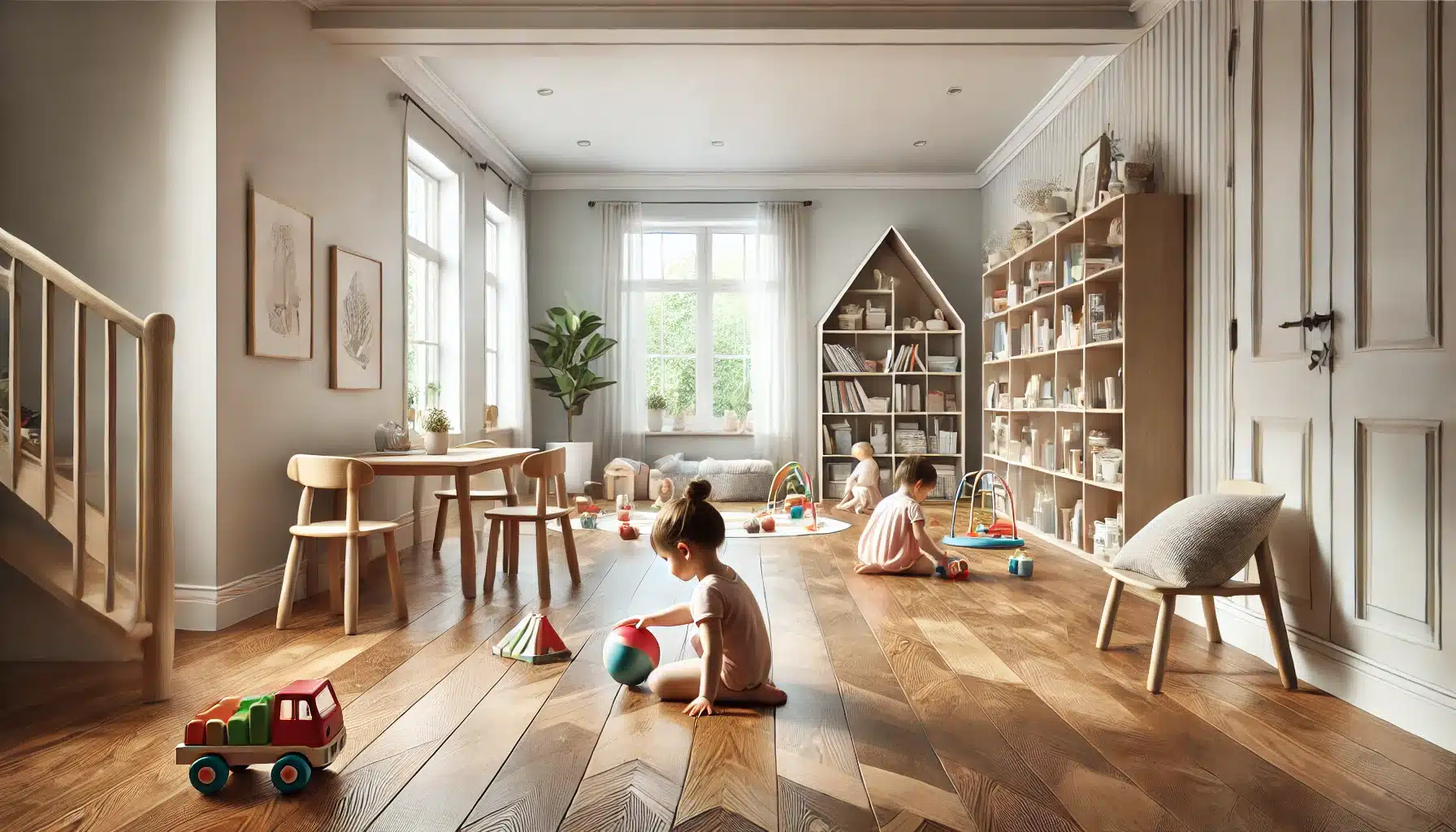 Sala de juegos infantil con piso de maderas, niños jugando y ambiente limpio. | Ambience Floors.