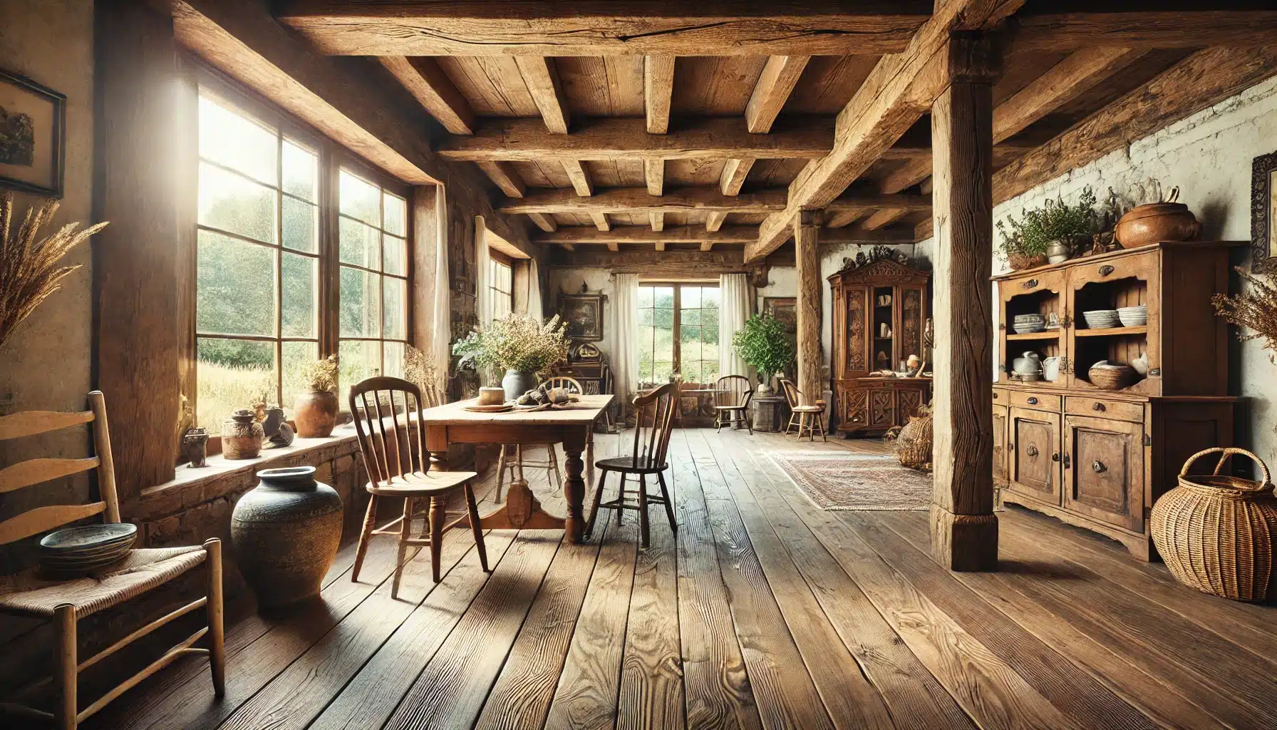 Interior rústico de casa de campo con suelos de tablones anchos y acabados envejecidos | Ambience Floors