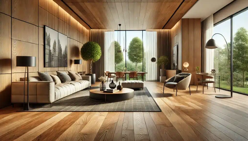 Sala moderna con suelo de madera de alta calidad, muebles elegantes y luz natural | Ambience Floors.