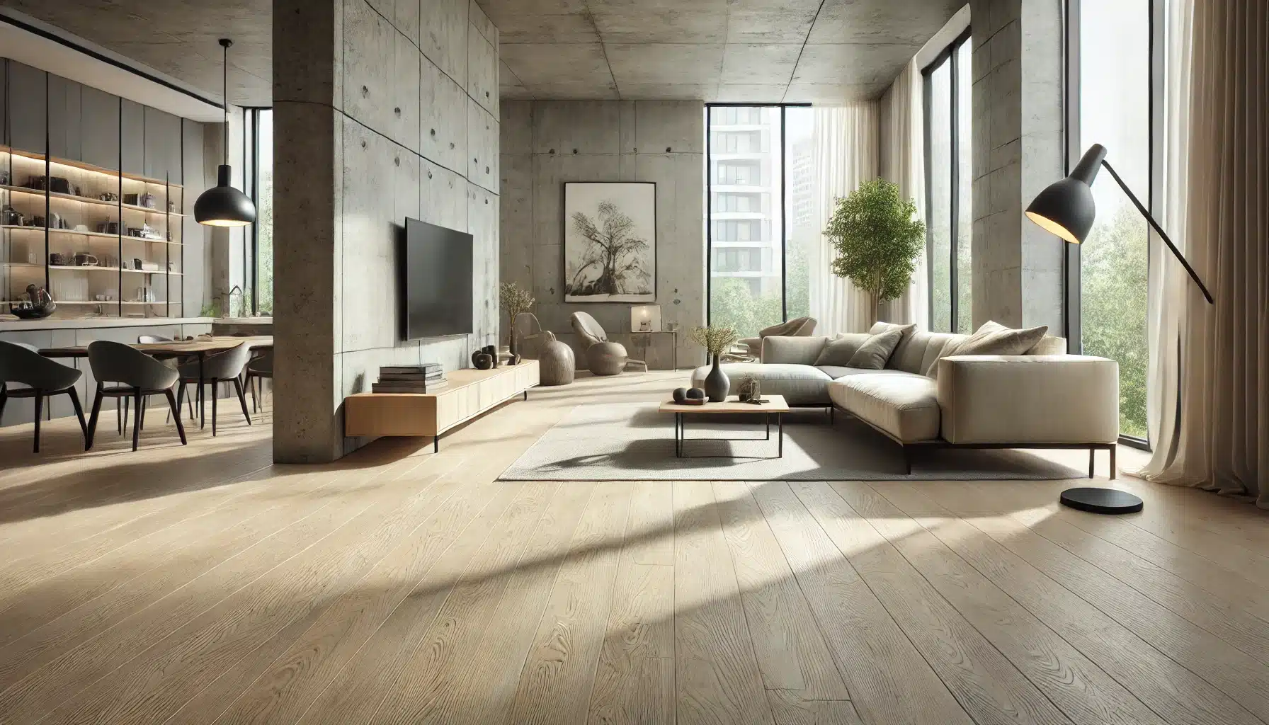 Sala moderna con suelo de maderas de roble blanqueado y acabado mate, diseño contemporáneo | Ambience Floors.