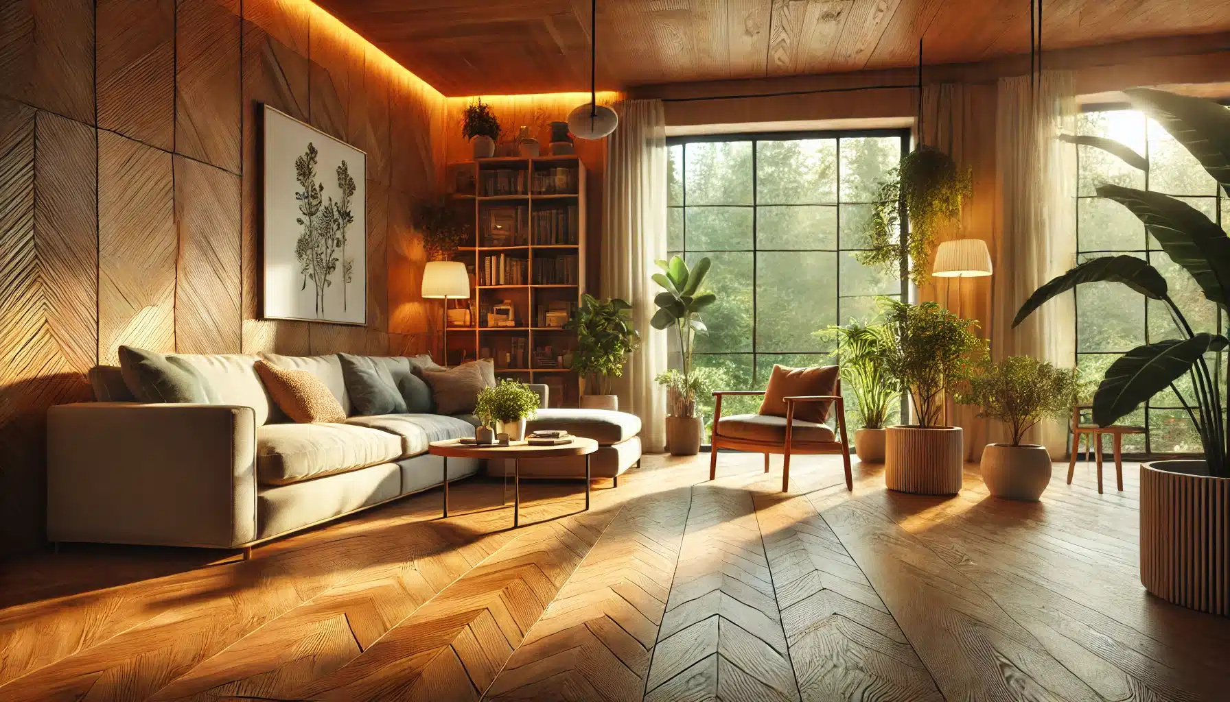 Sala de estar acogedora con suelos de madera, luz natural cálida y plantas de interior | Ambience Floors